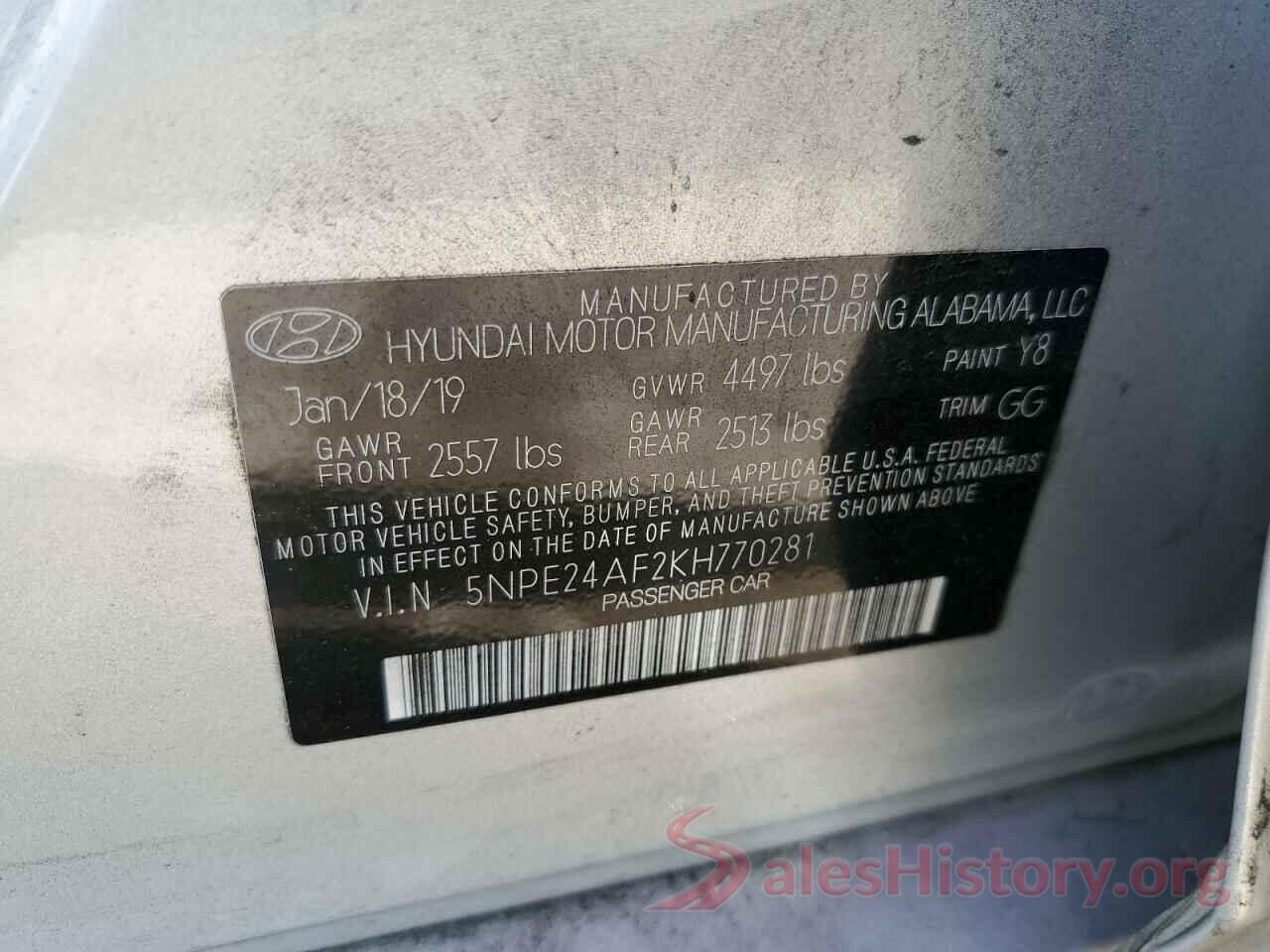 5NPE24AF2KH770281 2019 HYUNDAI SONATA