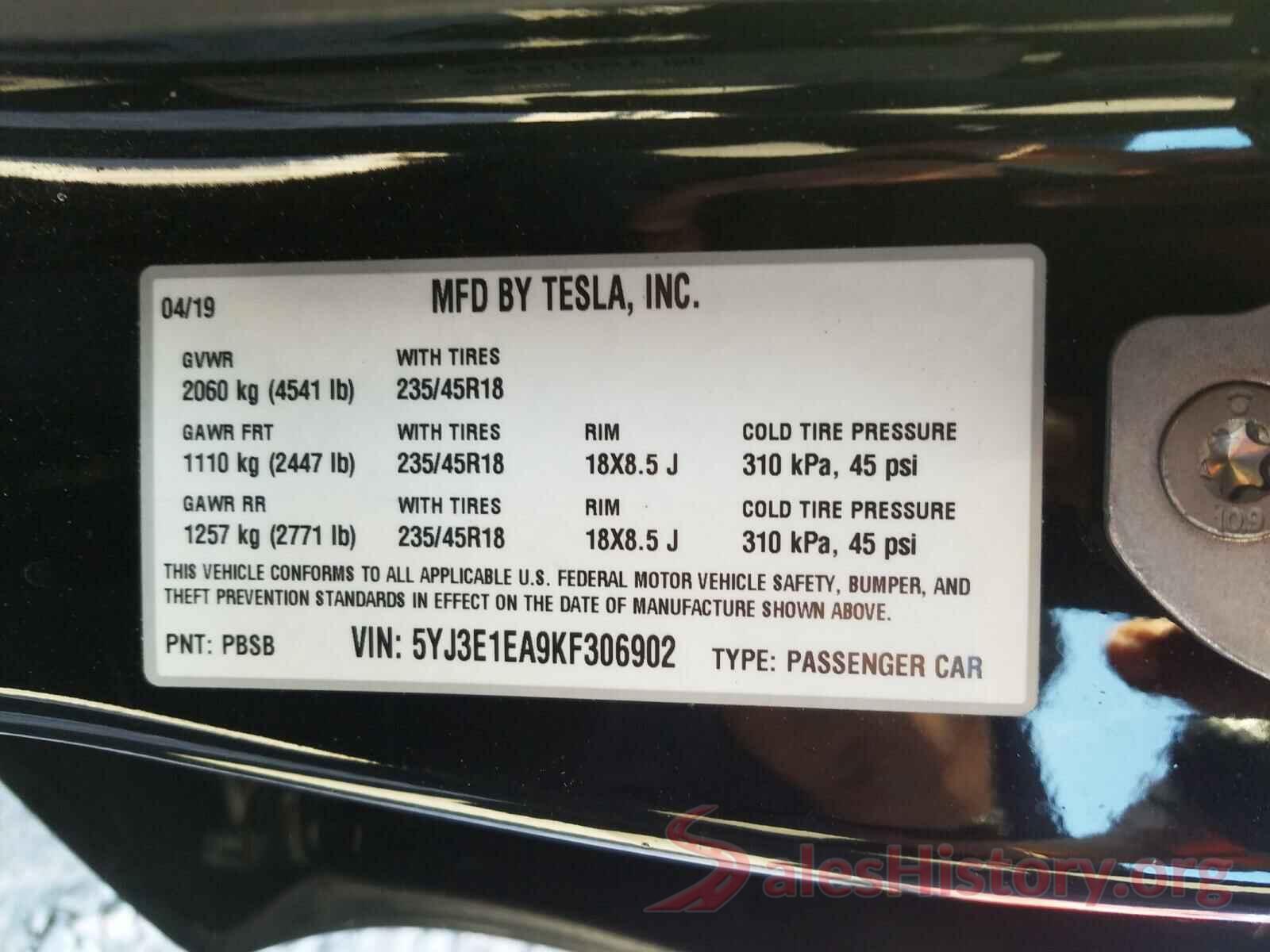 5YJ3E1EA9KF306902 2019 TESLA MODEL 3