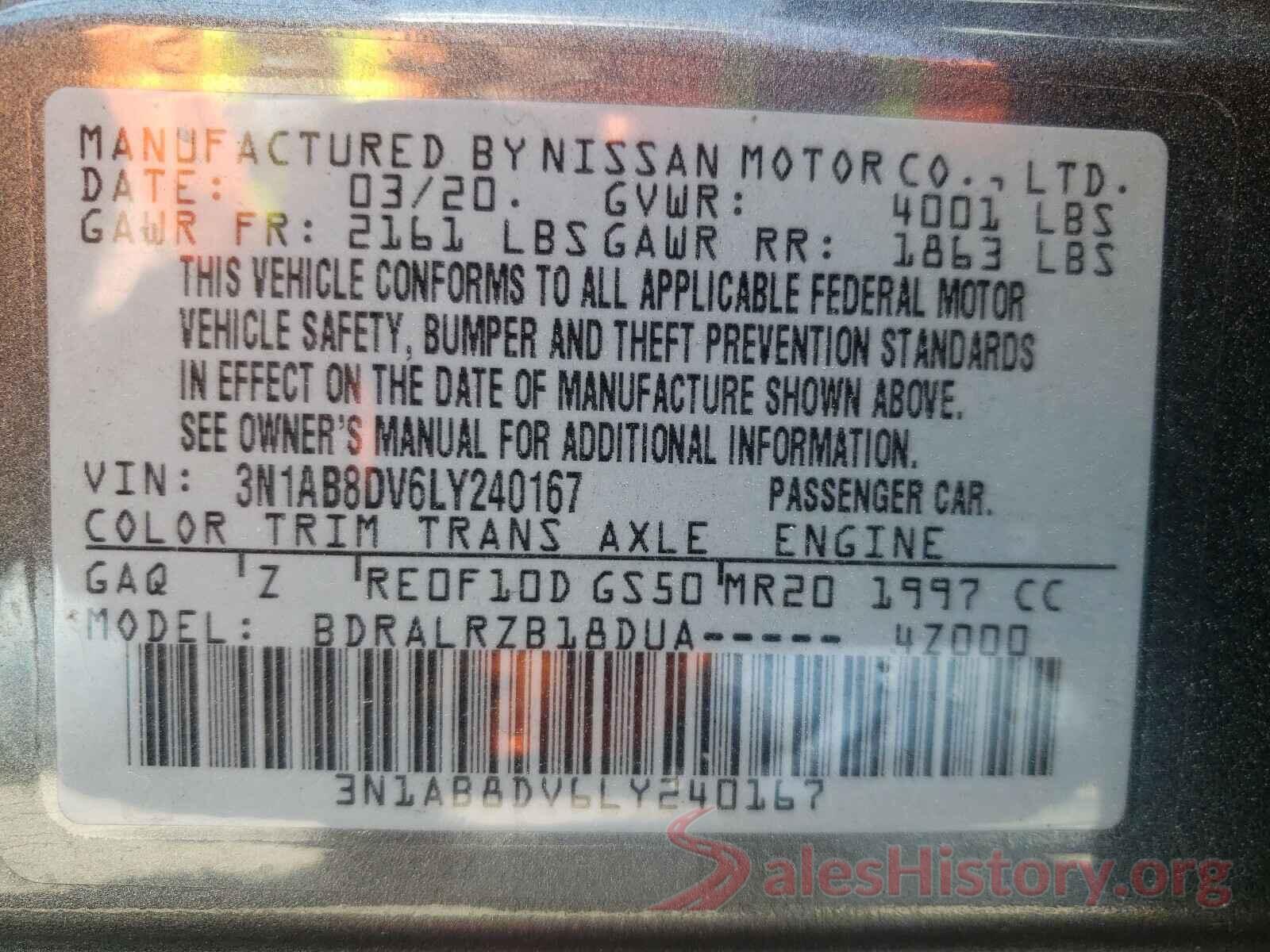 3N1AB8DV6LY240167 2020 NISSAN SENTRA