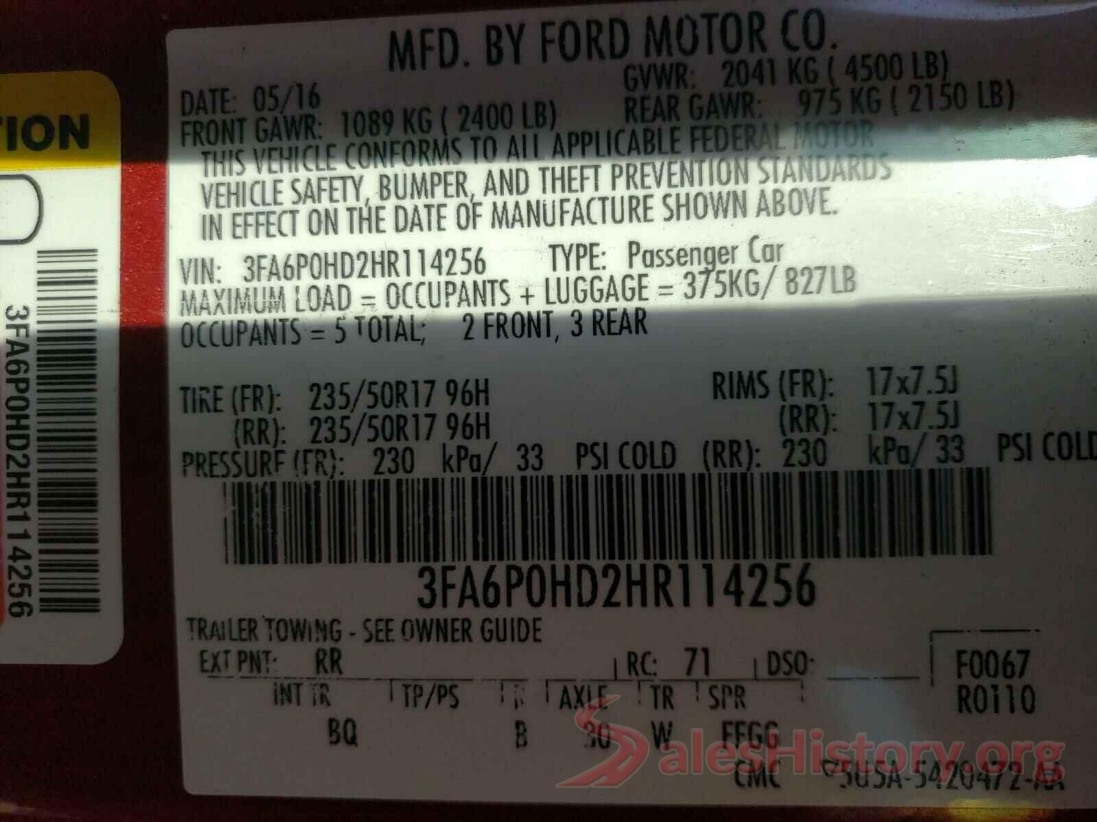 3FA6P0HD2HR114256 2017 FORD FUSION