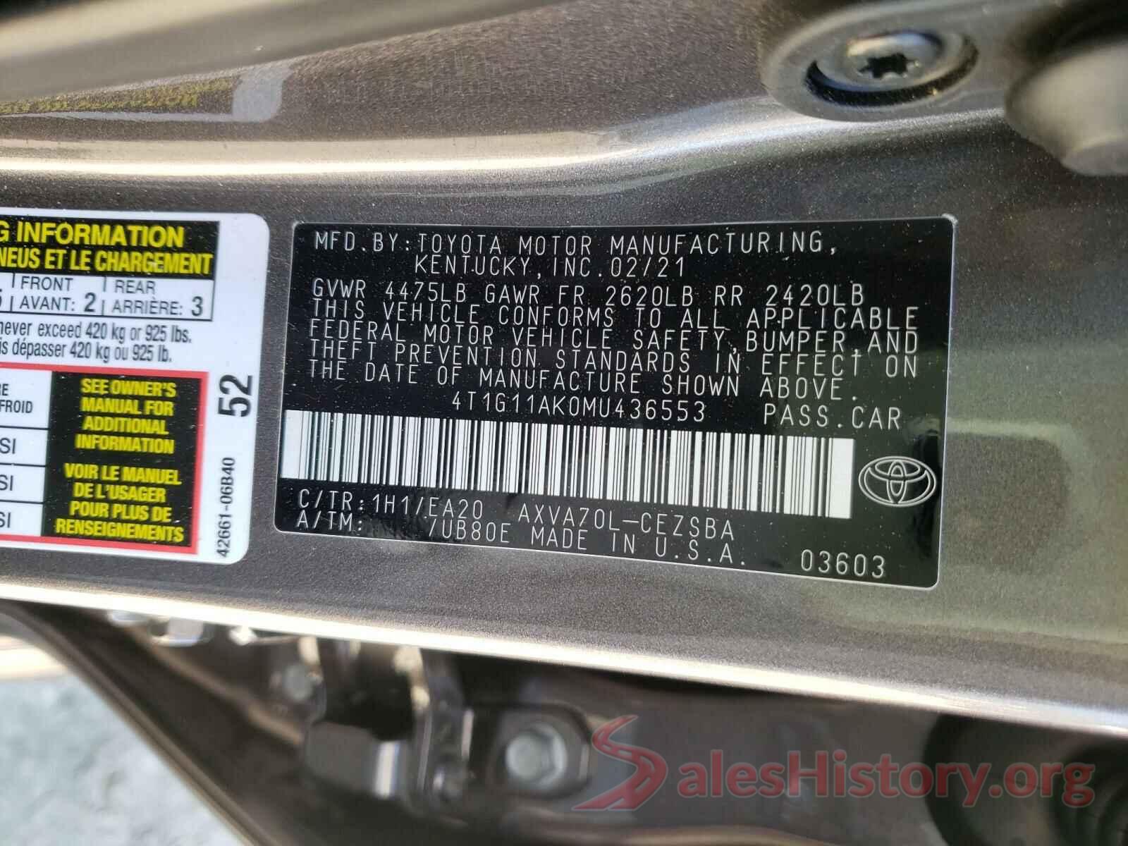 4T1G11AK0MU436553 2021 TOYOTA CAMRY