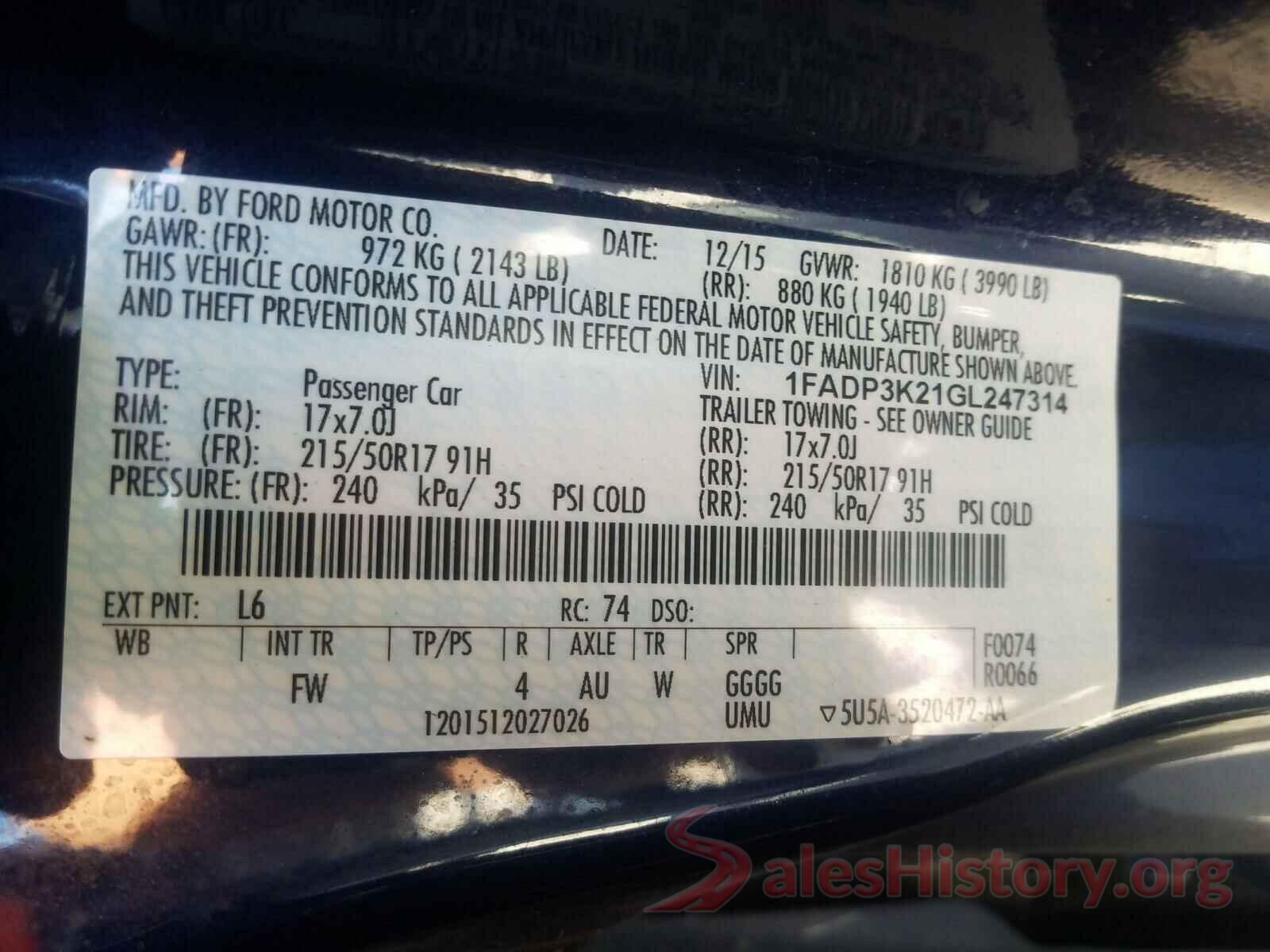 1FADP3K21GL247314 2016 FORD FOCUS