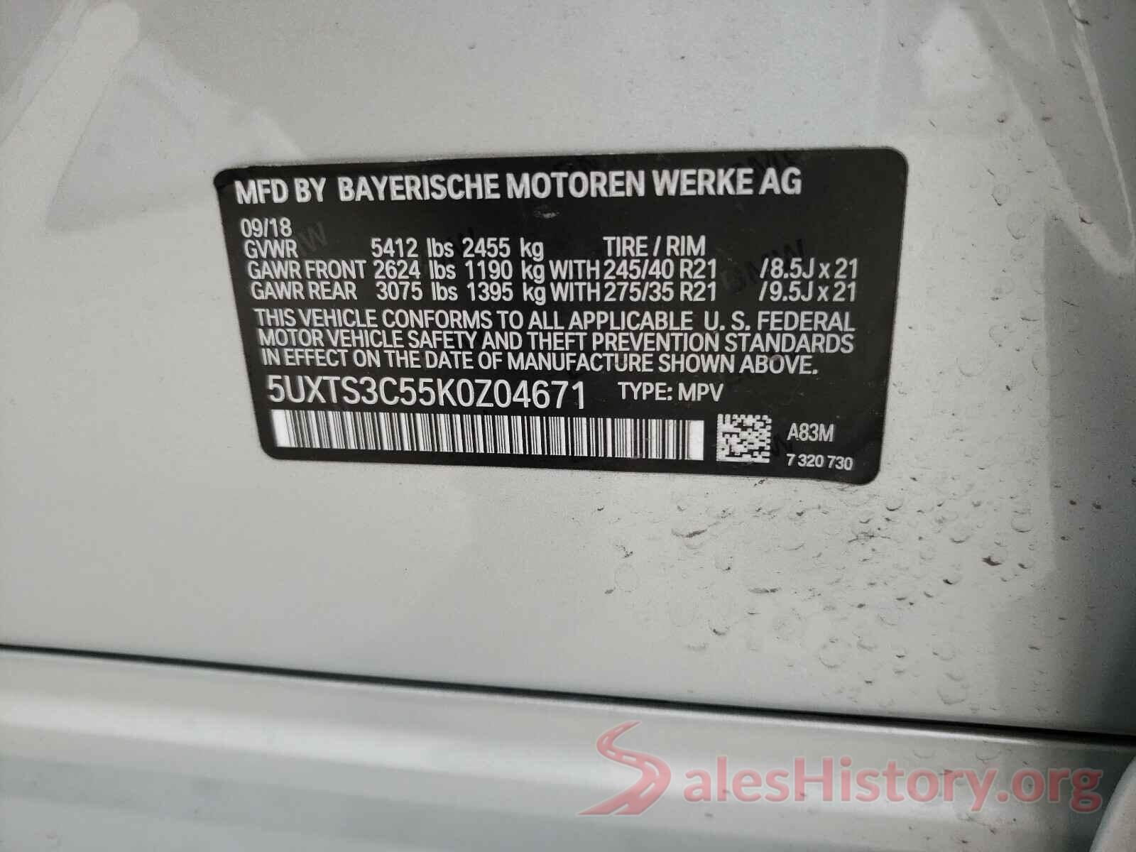 5UXTS3C55K0Z04671 2019 BMW X3