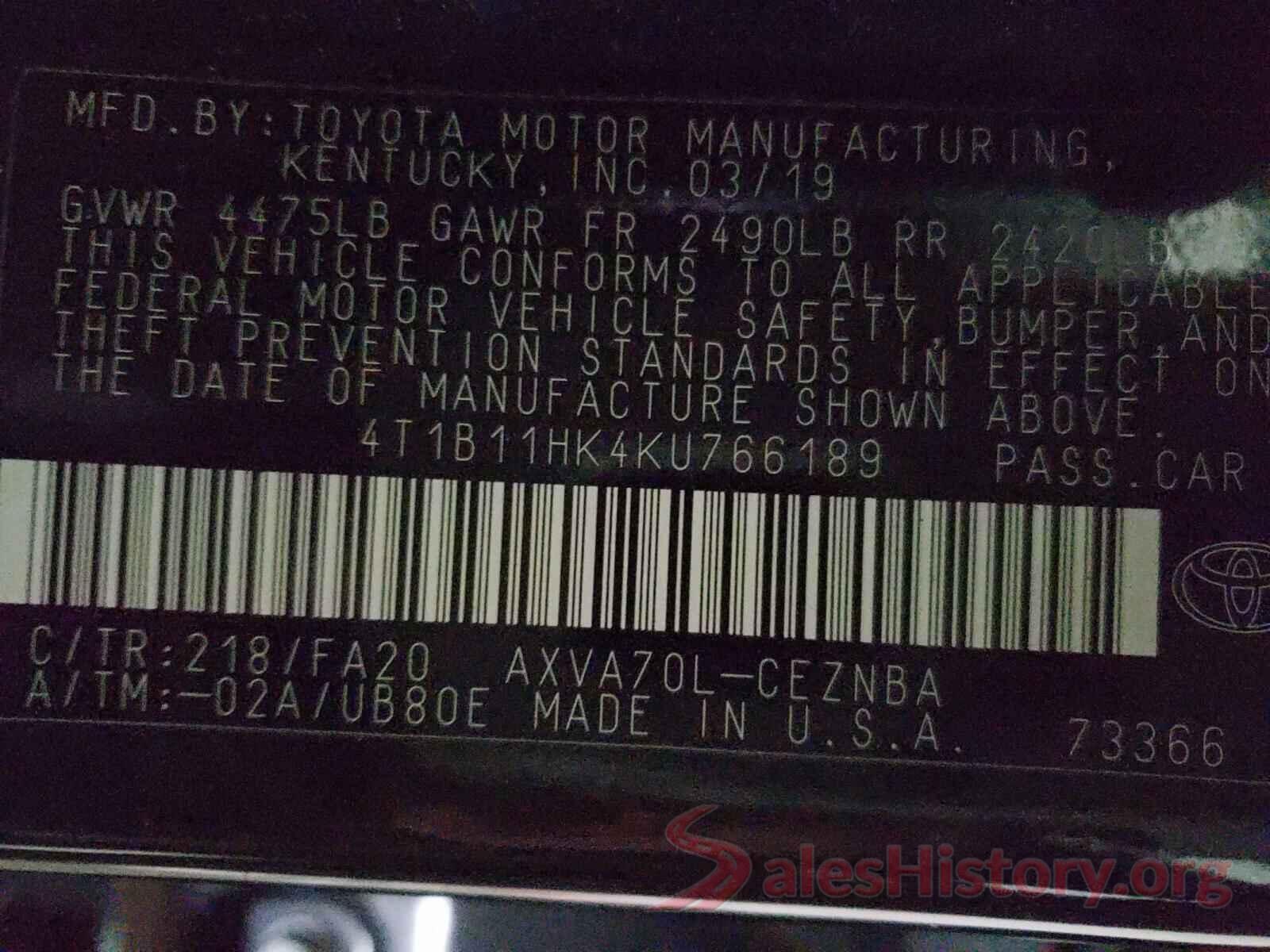 4T1B11HK4KU766189 2019 TOYOTA CAMRY