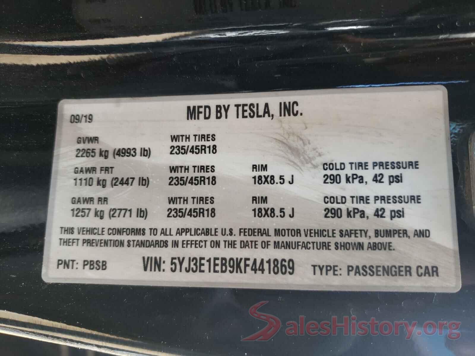 5YJ3E1EB9KF441869 2019 TESLA MODEL 3