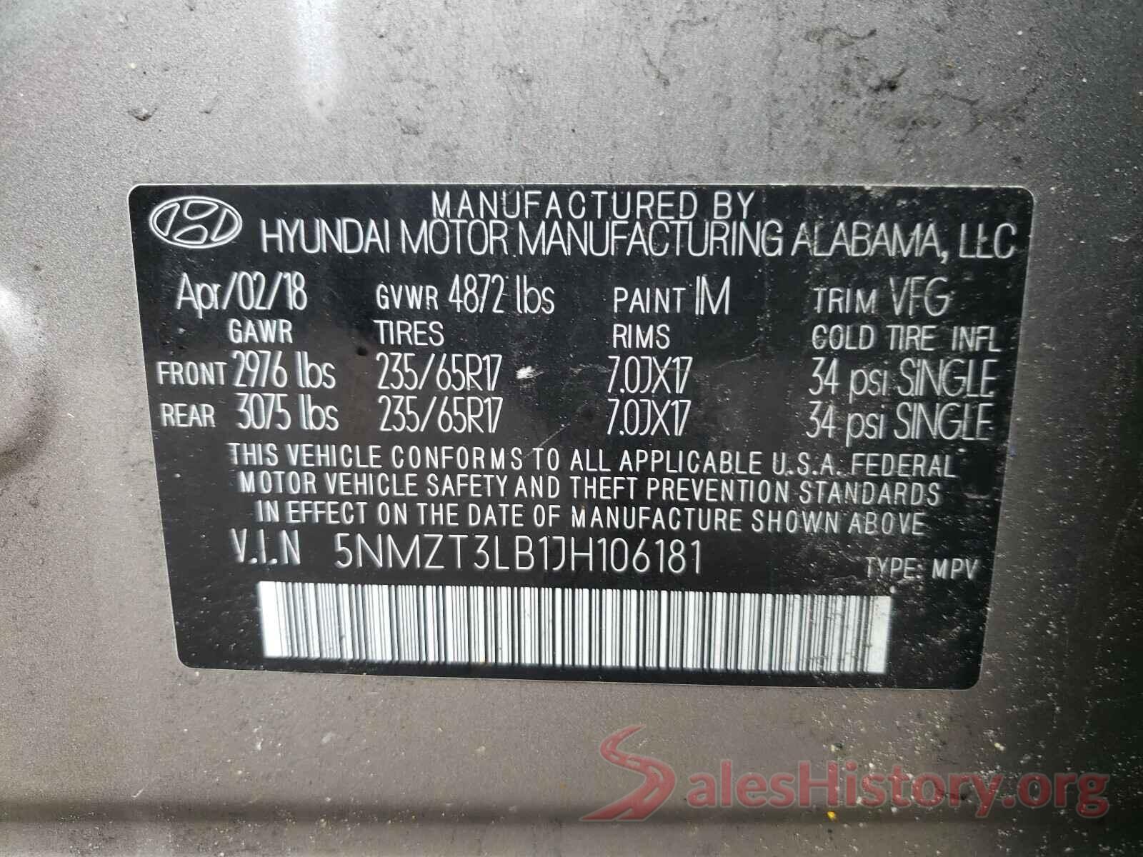 5NMZT3LB1JH106181 2018 HYUNDAI SANTA FE