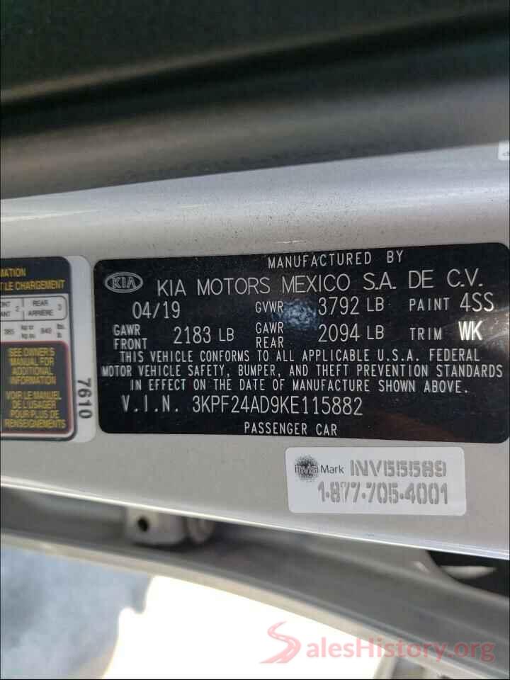 3KPF24AD9KE115882 2019 KIA FORTE