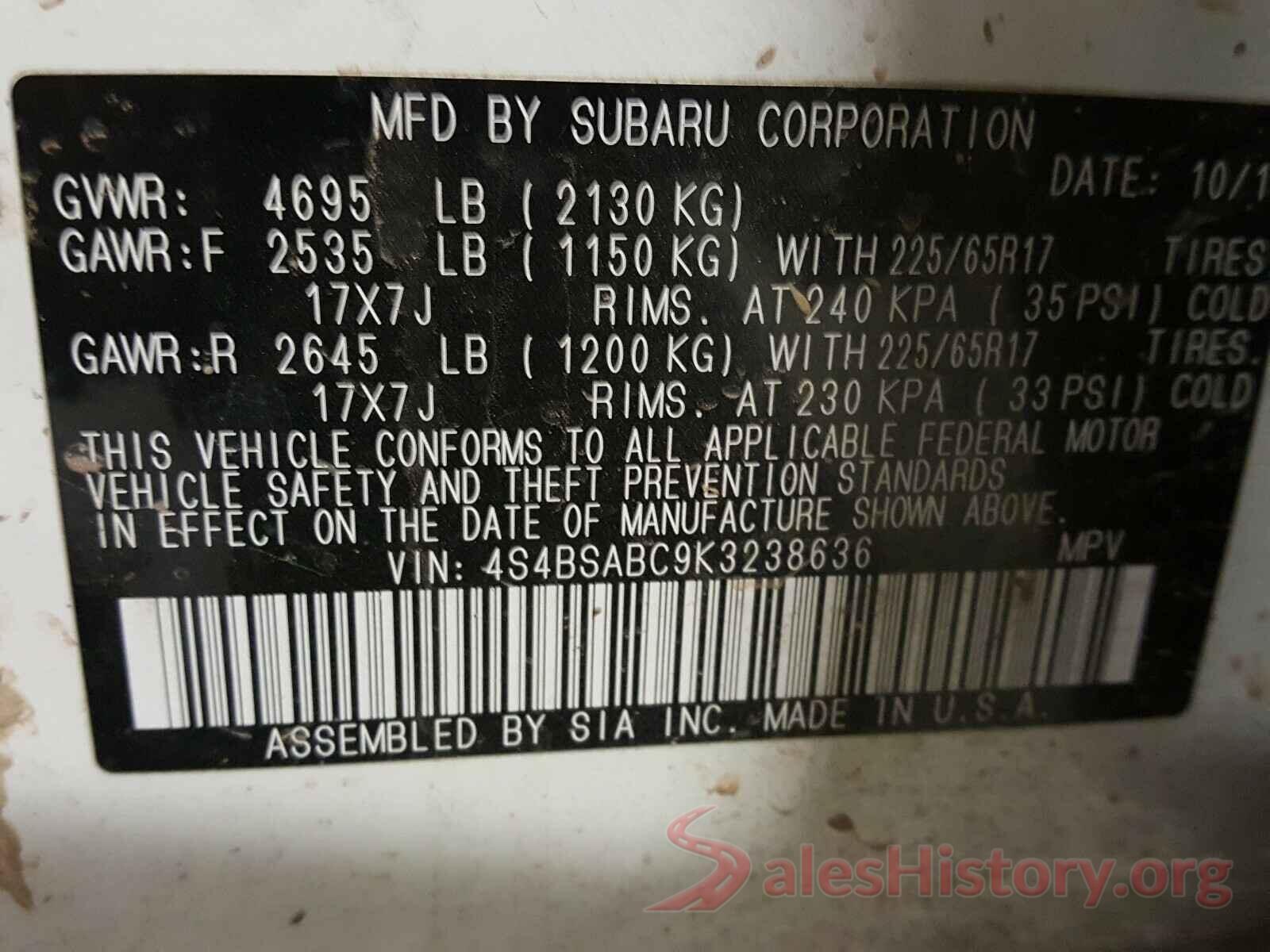 4S4BSABC9K3238636 2019 SUBARU OUTBACK