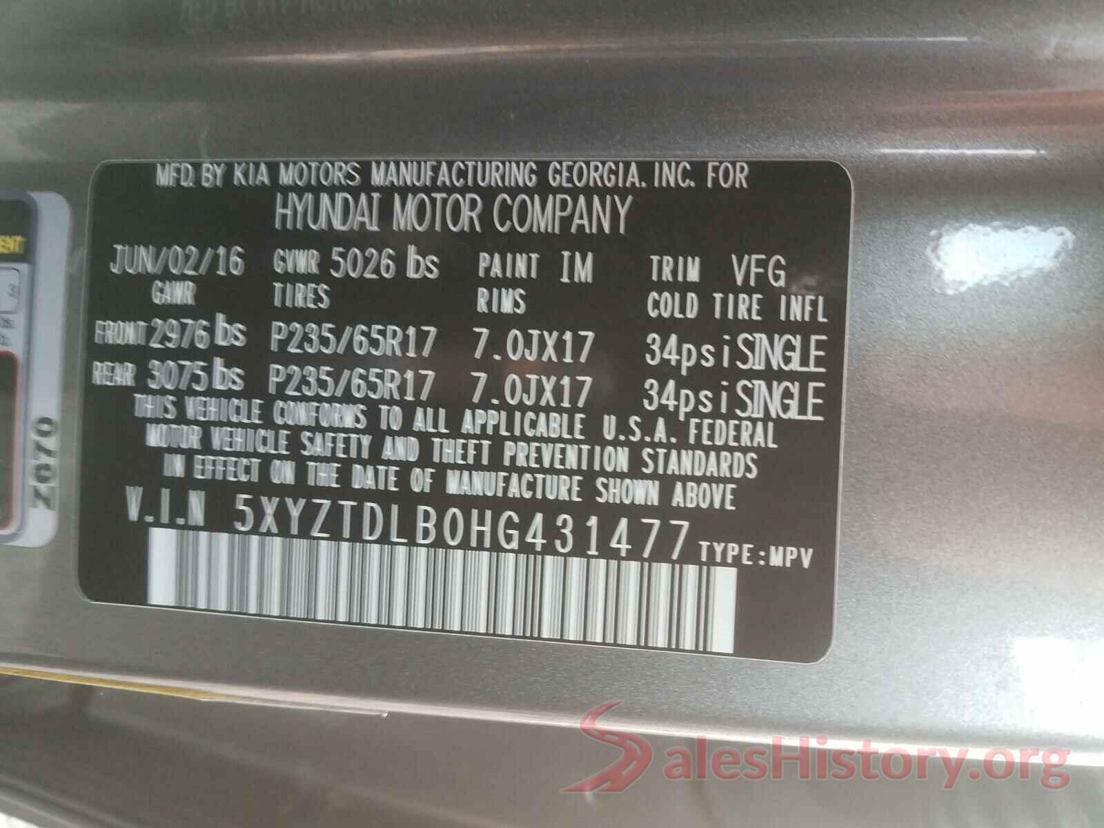 5XYZTDLB0HG431477 2017 HYUNDAI SANTA FE