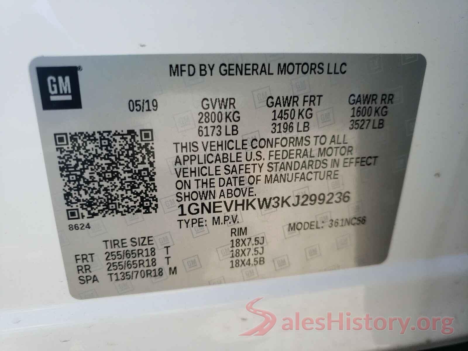 1GNEVHKW3KJ299236 2019 CHEVROLET TRAVERSE