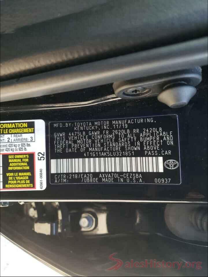 4T1G11AK5LU321851 2020 TOYOTA CAMRY