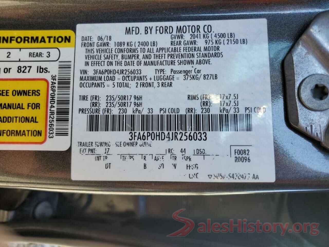 3FA6P0HD4JR256033 2018 FORD FUSION