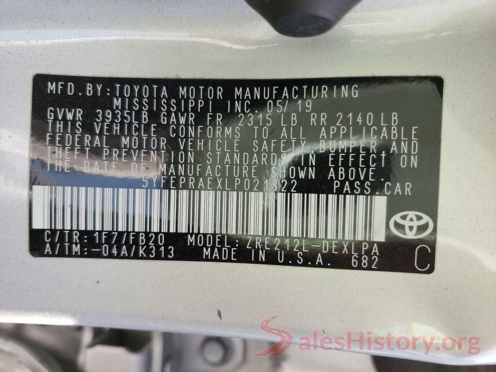 5YFEPRAEXLP021822 2020 TOYOTA COROLLA