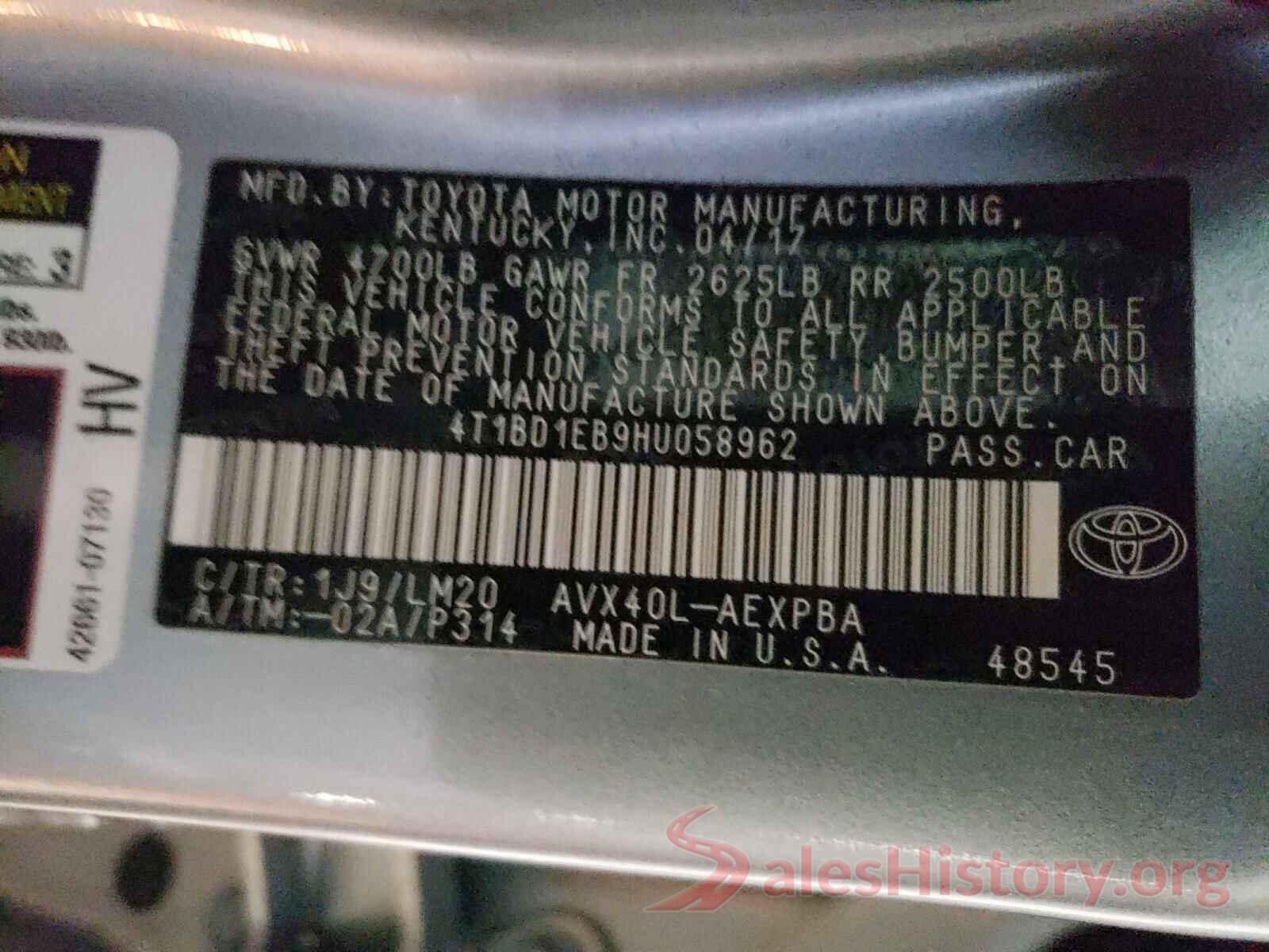 4T1BD1EB9HU058962 2017 TOYOTA AVALON