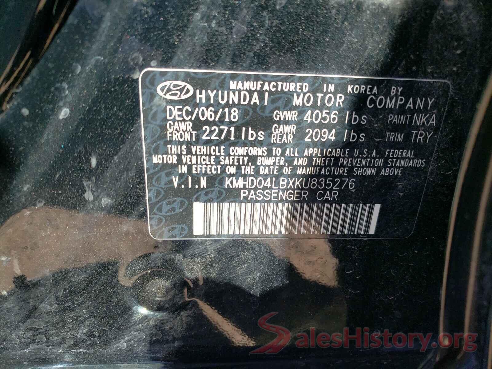 KMHD04LBXKU835276 2019 HYUNDAI ELANTRA