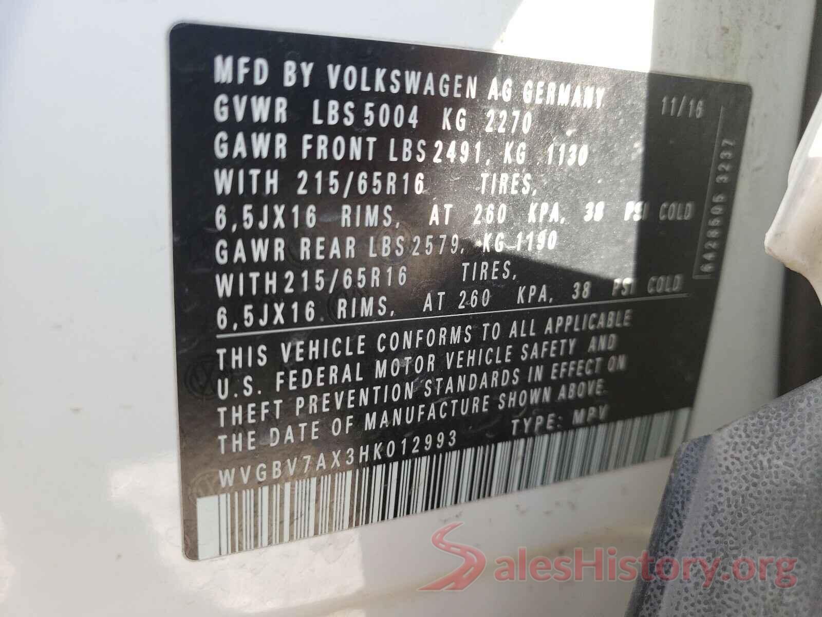 WVGBV7AX3HK012993 2017 VOLKSWAGEN TIGUAN