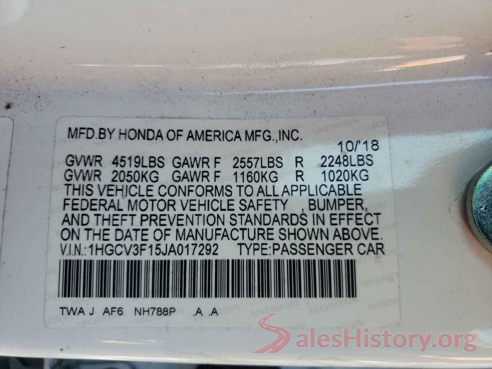 1HGCV3F15JA017292 2018 HONDA ACCORD