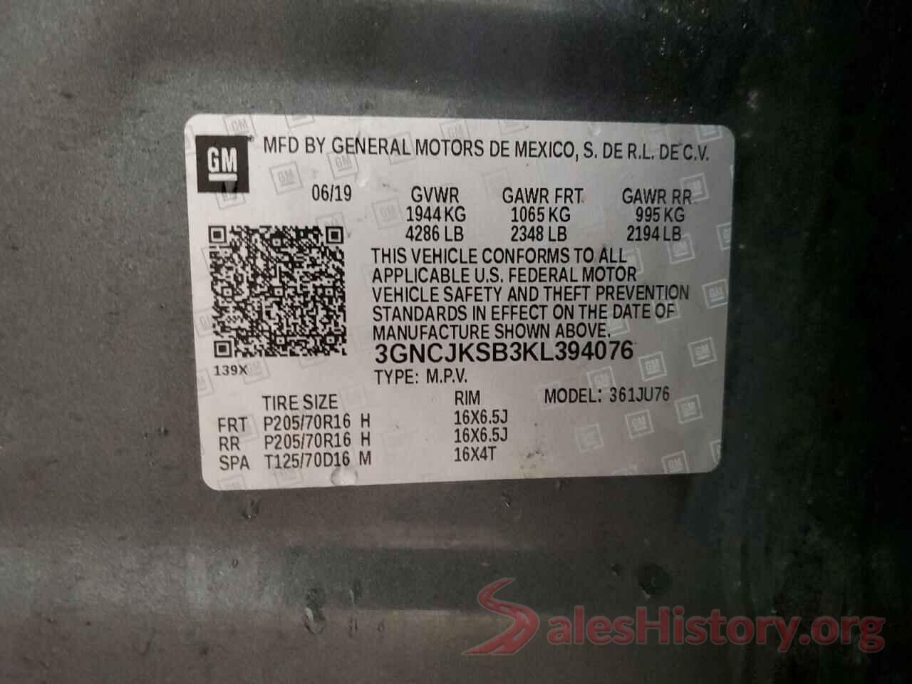 3GNCJKSB3KL394076 2019 CHEVROLET TRAX