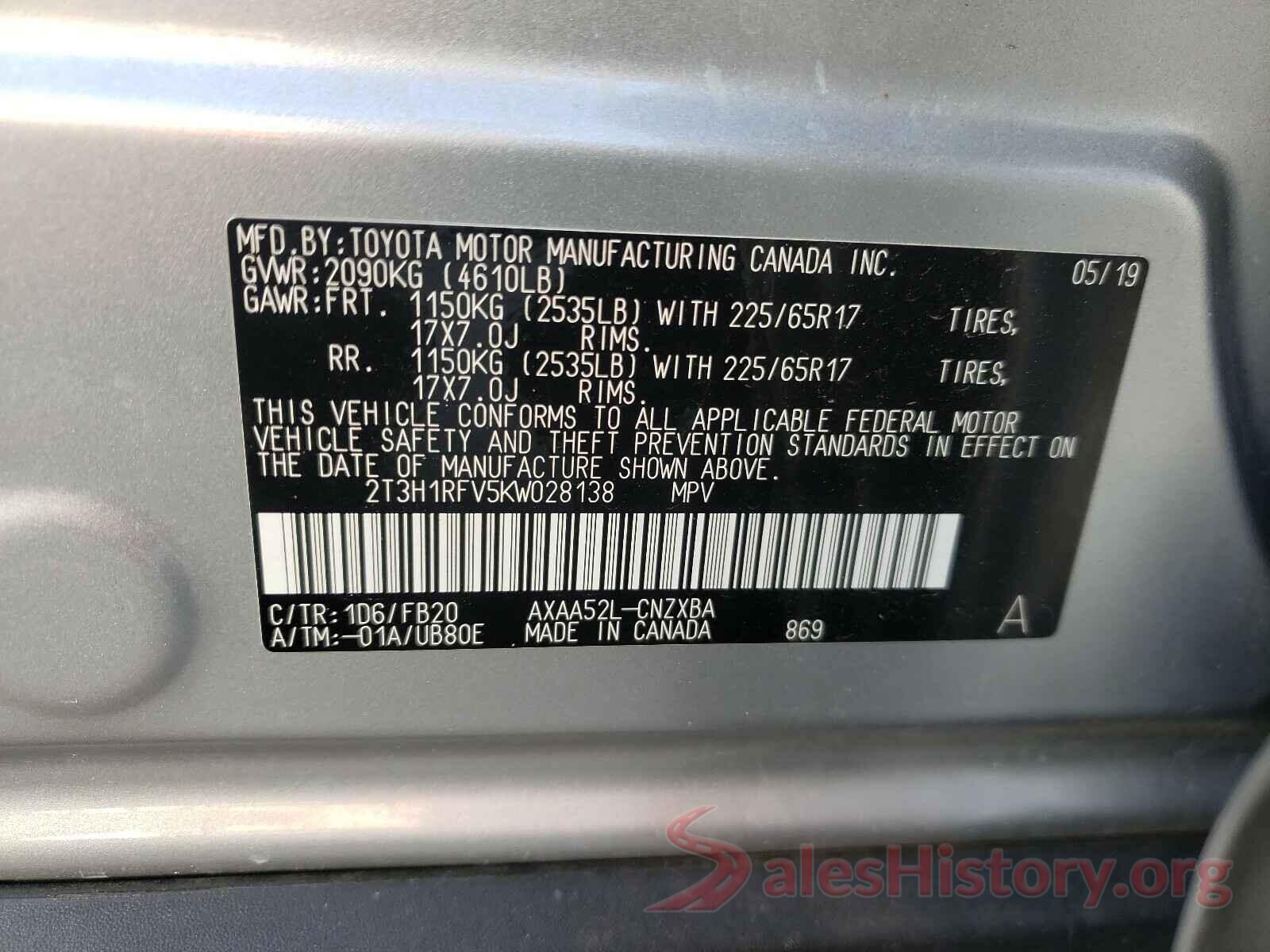 2T3H1RFV5KW028138 2019 TOYOTA RAV4