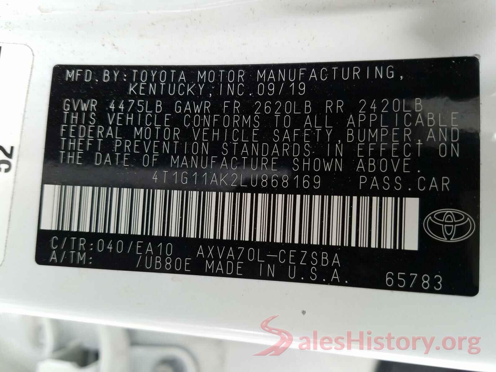 4T1G11AK2LU868169 2020 TOYOTA CAMRY