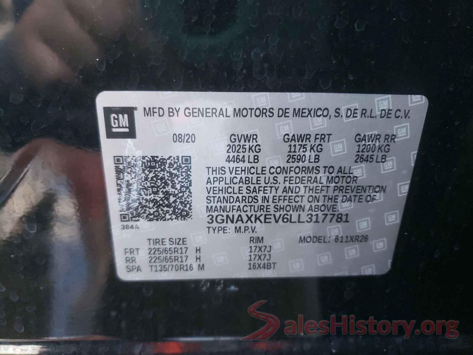 3GNAXKEV6LL317781 2020 CHEVROLET EQUINOX