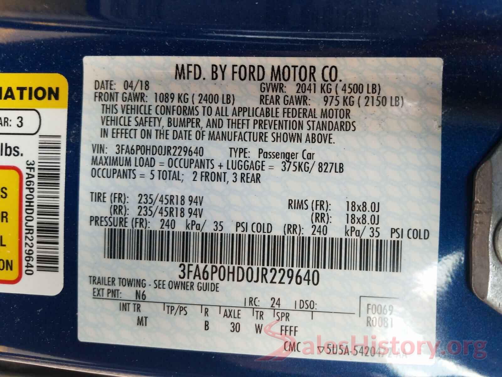 3FA6P0HD0JR229640 2018 FORD FUSION