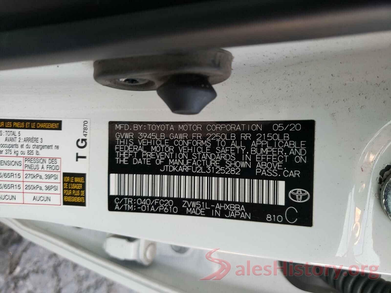 JTDKARFU2L3125282 2020 TOYOTA PRIUS