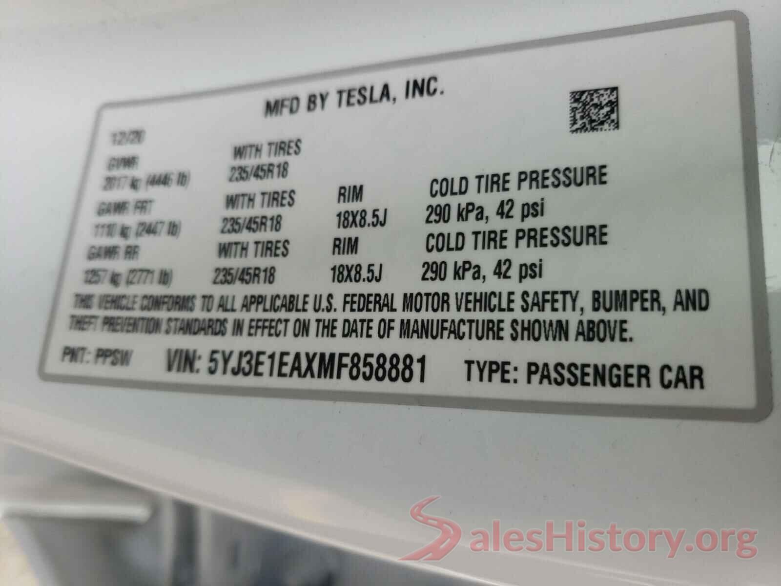 5YJ3E1EAXMF858881 2021 TESLA MODEL 3