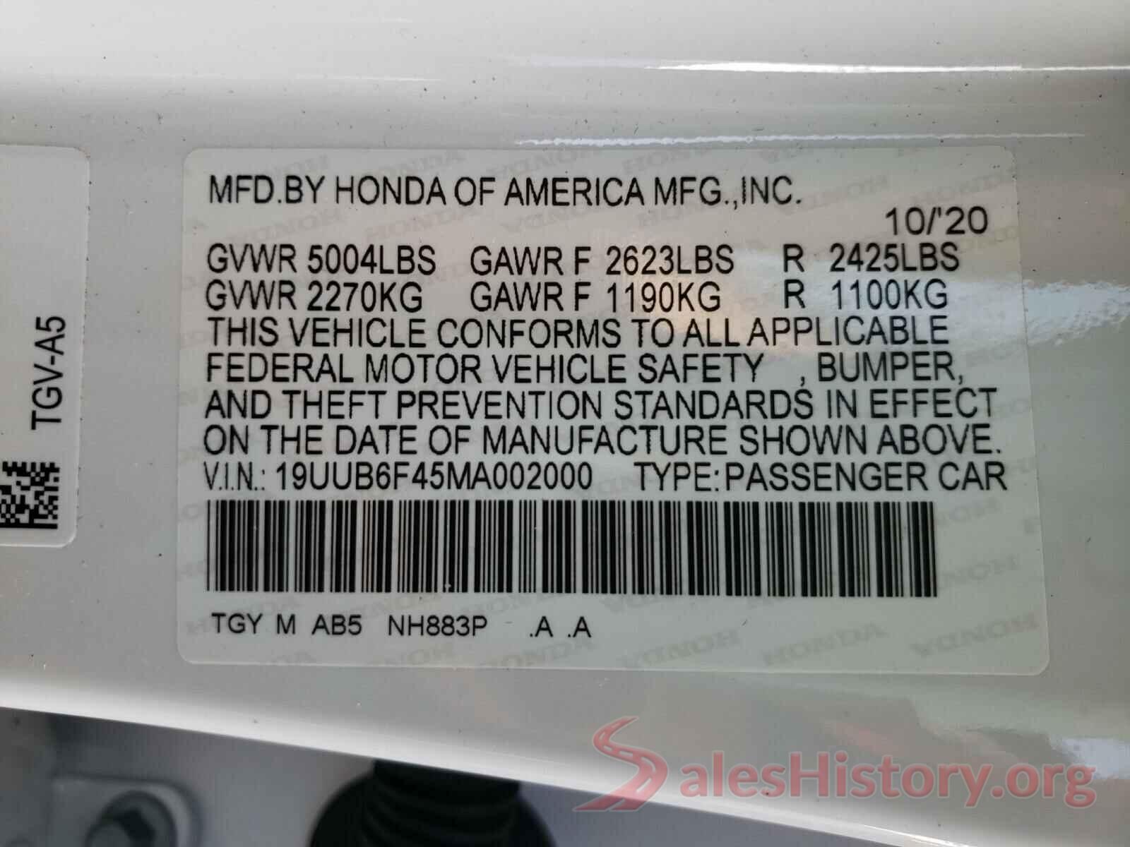 19UUB6F45MA002000 2021 ACURA TLX