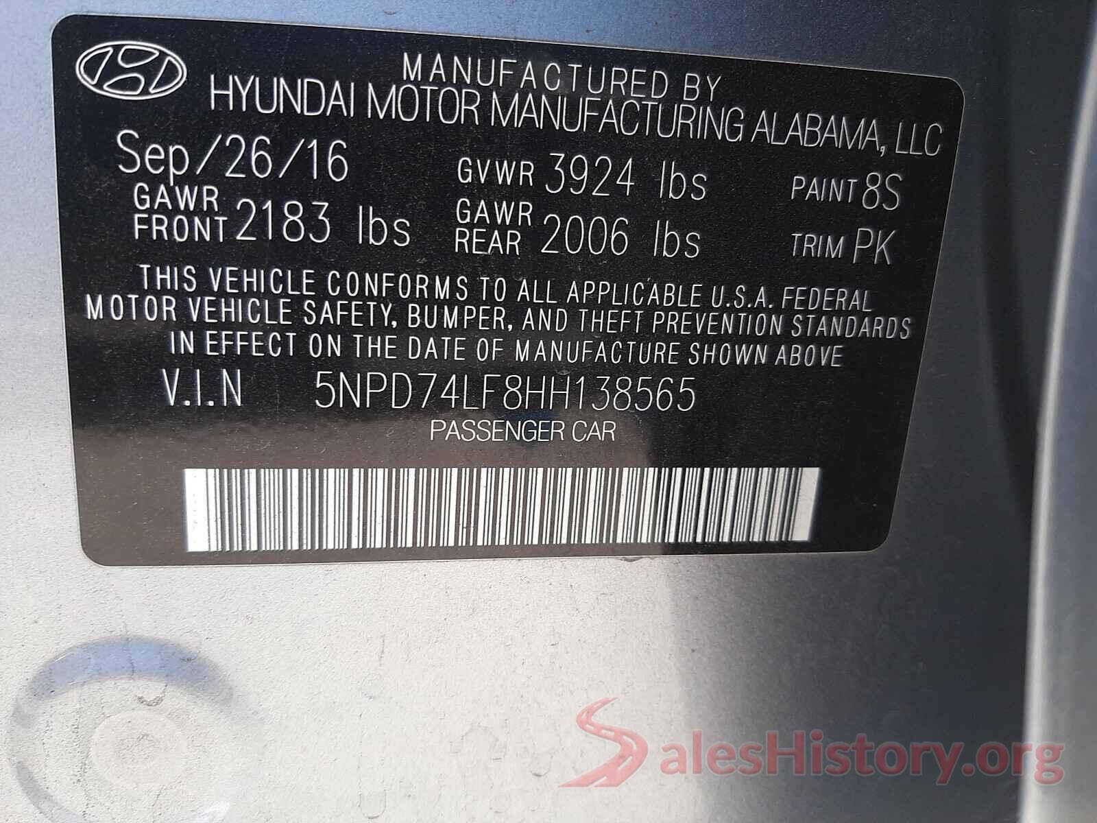 5NPD74LF8HH138565 2017 HYUNDAI ELANTRA