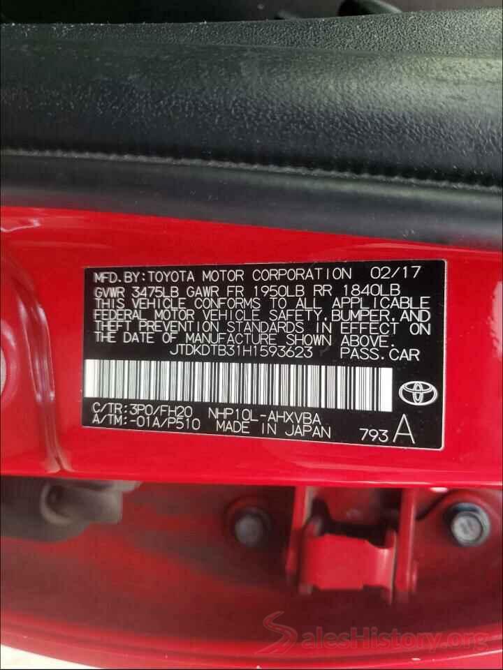 JTDKDTB31H1593623 2017 TOYOTA PRIUS