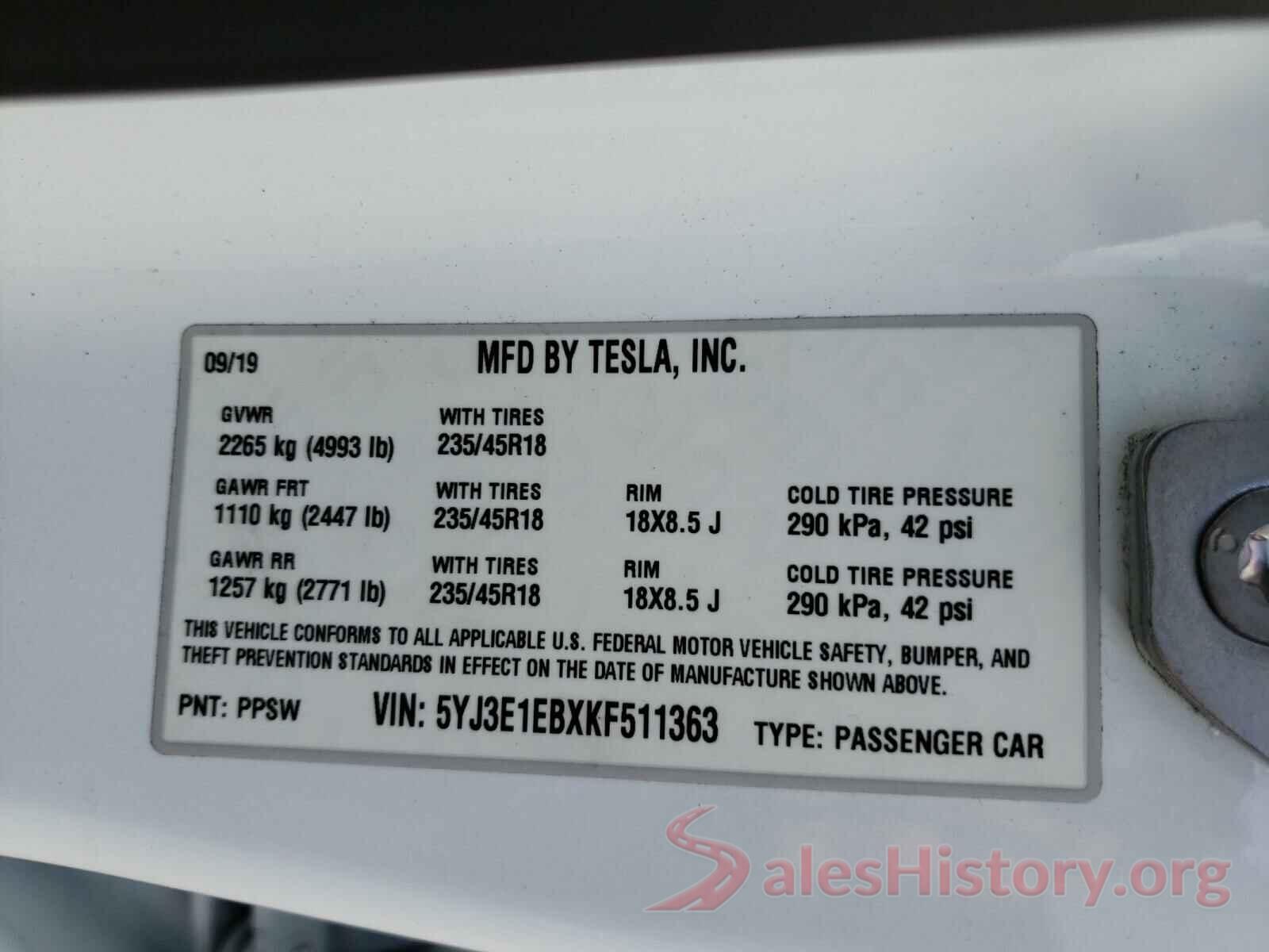 5YJ3E1EBXKF511363 2019 TESLA MODEL 3