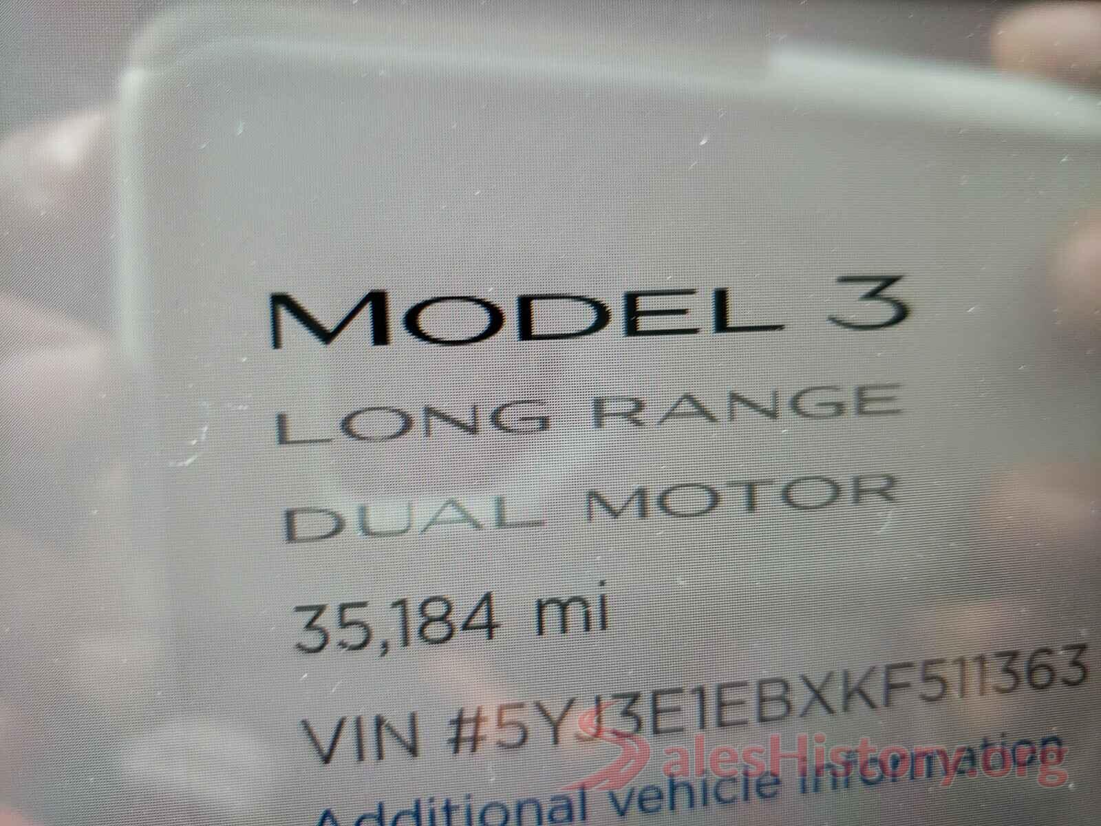 5YJ3E1EBXKF511363 2019 TESLA MODEL 3