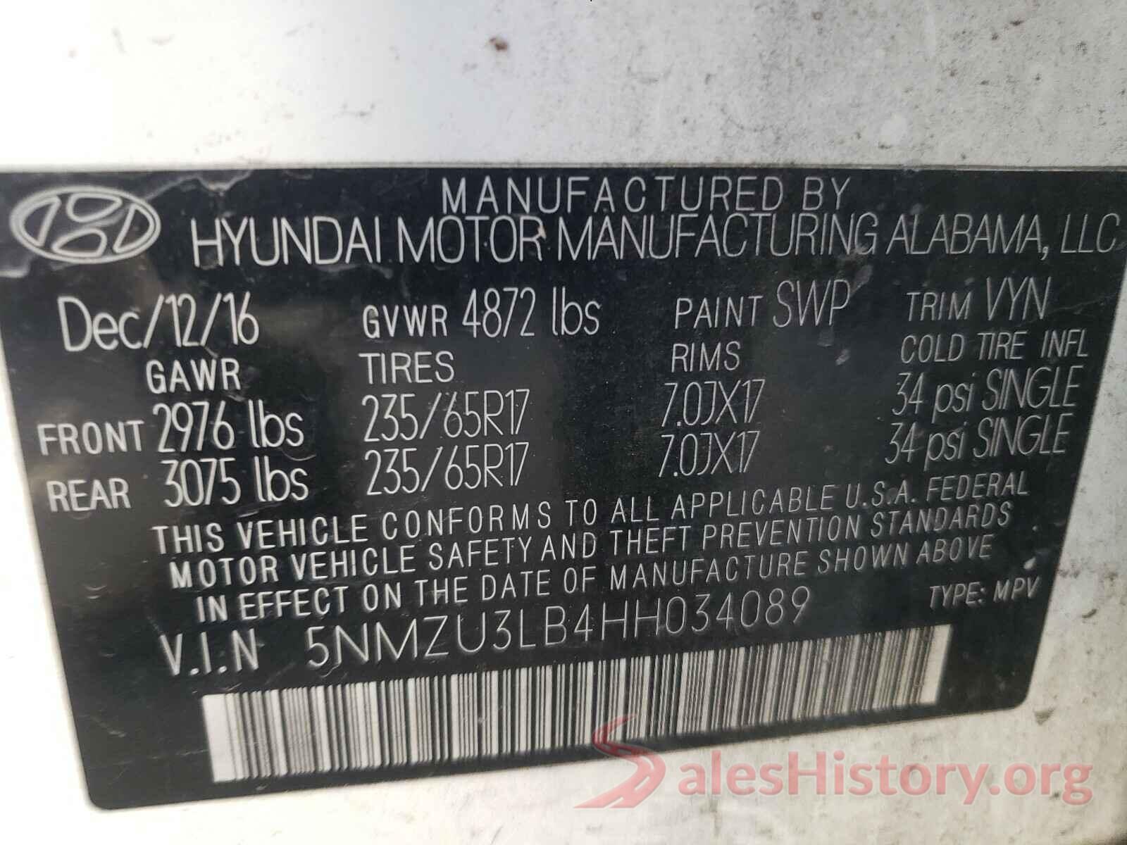 5NMZU3LB4HH034089 2017 HYUNDAI SANTA FE