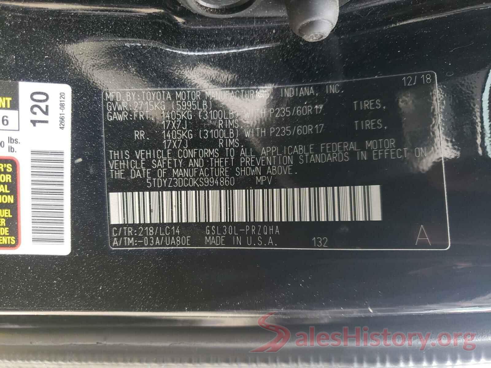 5TDYZ3DC0KS994860 2019 TOYOTA SIENNA