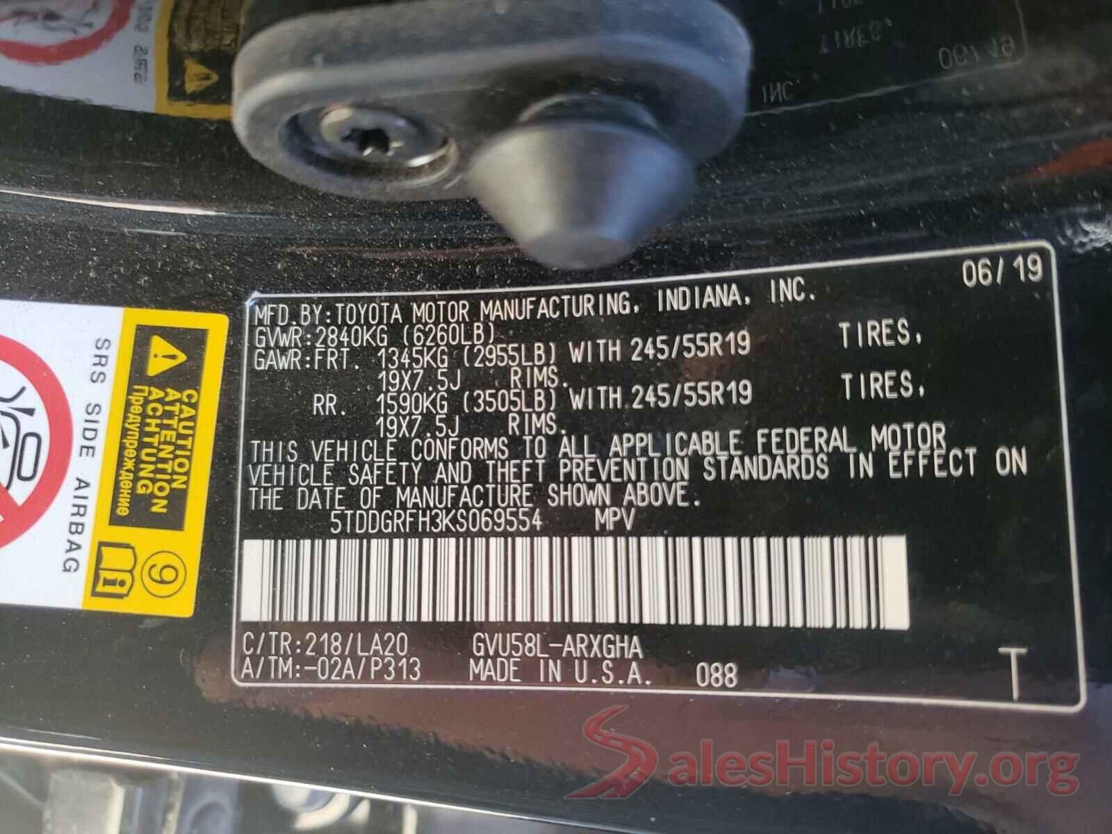 5TDDGRFH3KS069554 2019 TOYOTA HIGHLANDER