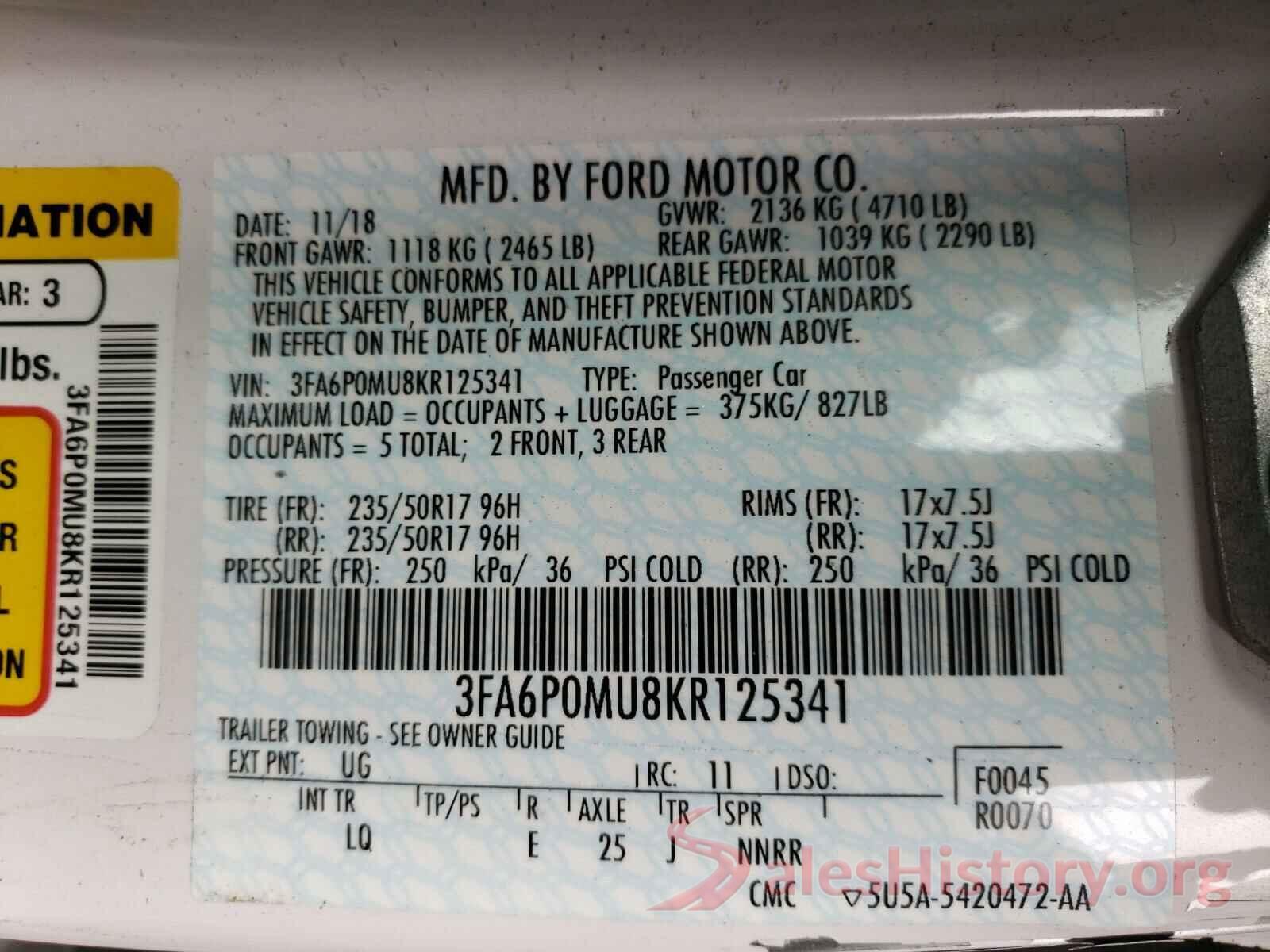 3FA6P0MU8KR125341 2019 FORD FUSION