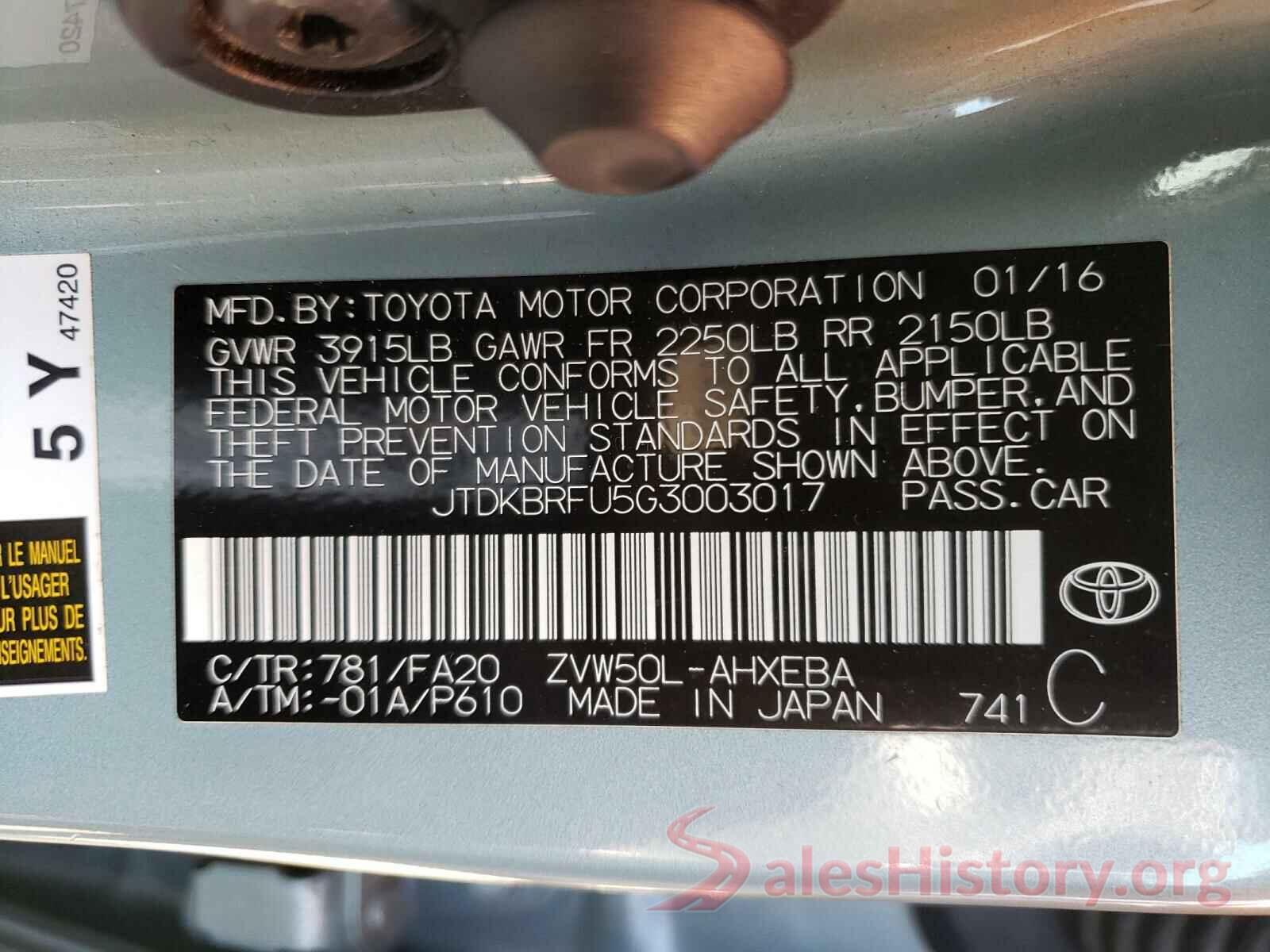 JTDKBRFU5G3003017 2016 TOYOTA PRIUS