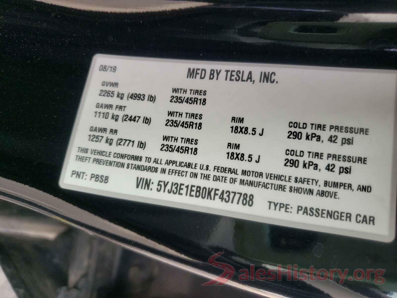 5YJ3E1EB0KF437788 2019 TESLA MODEL 3