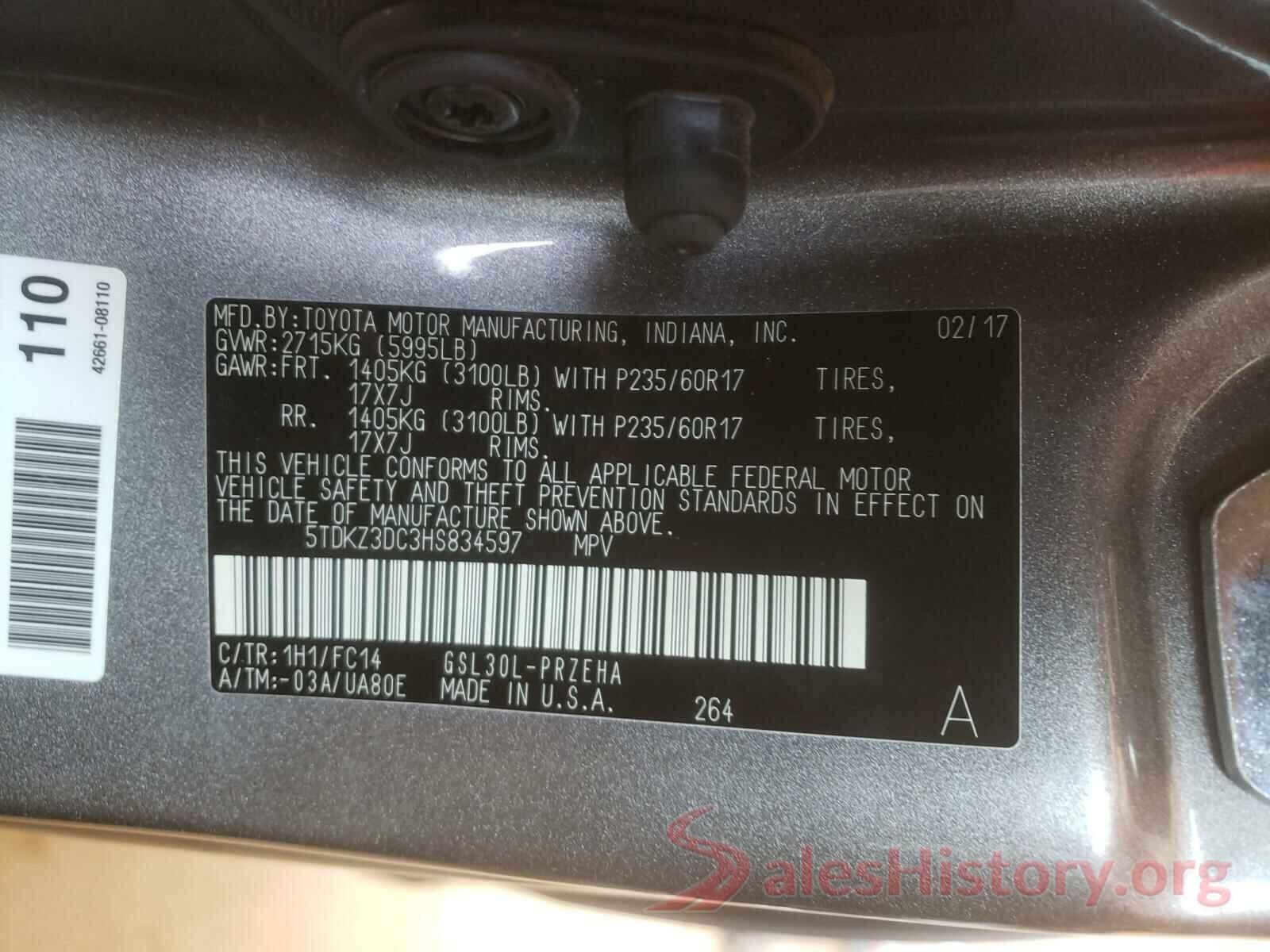 5TDKZ3DC3HS834597 2017 TOYOTA SIENNA