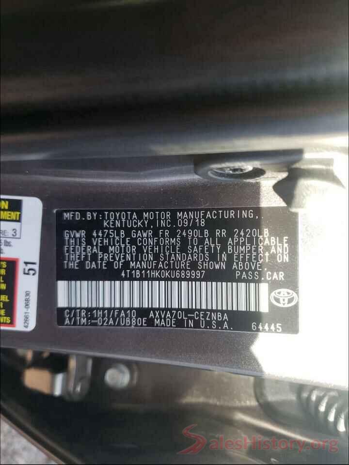 4T1B11HK0KU689997 2019 TOYOTA CAMRY