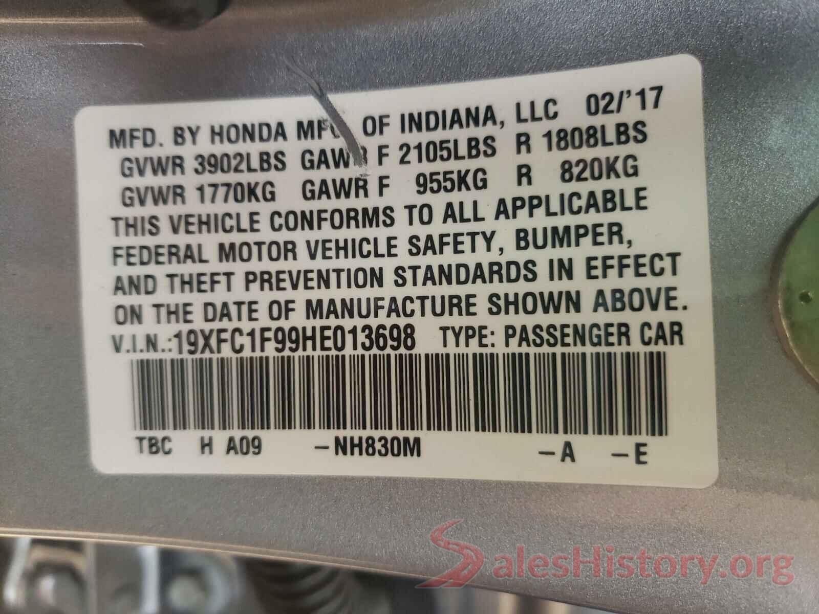 19XFC1F99HE013698 2017 HONDA CIVIC