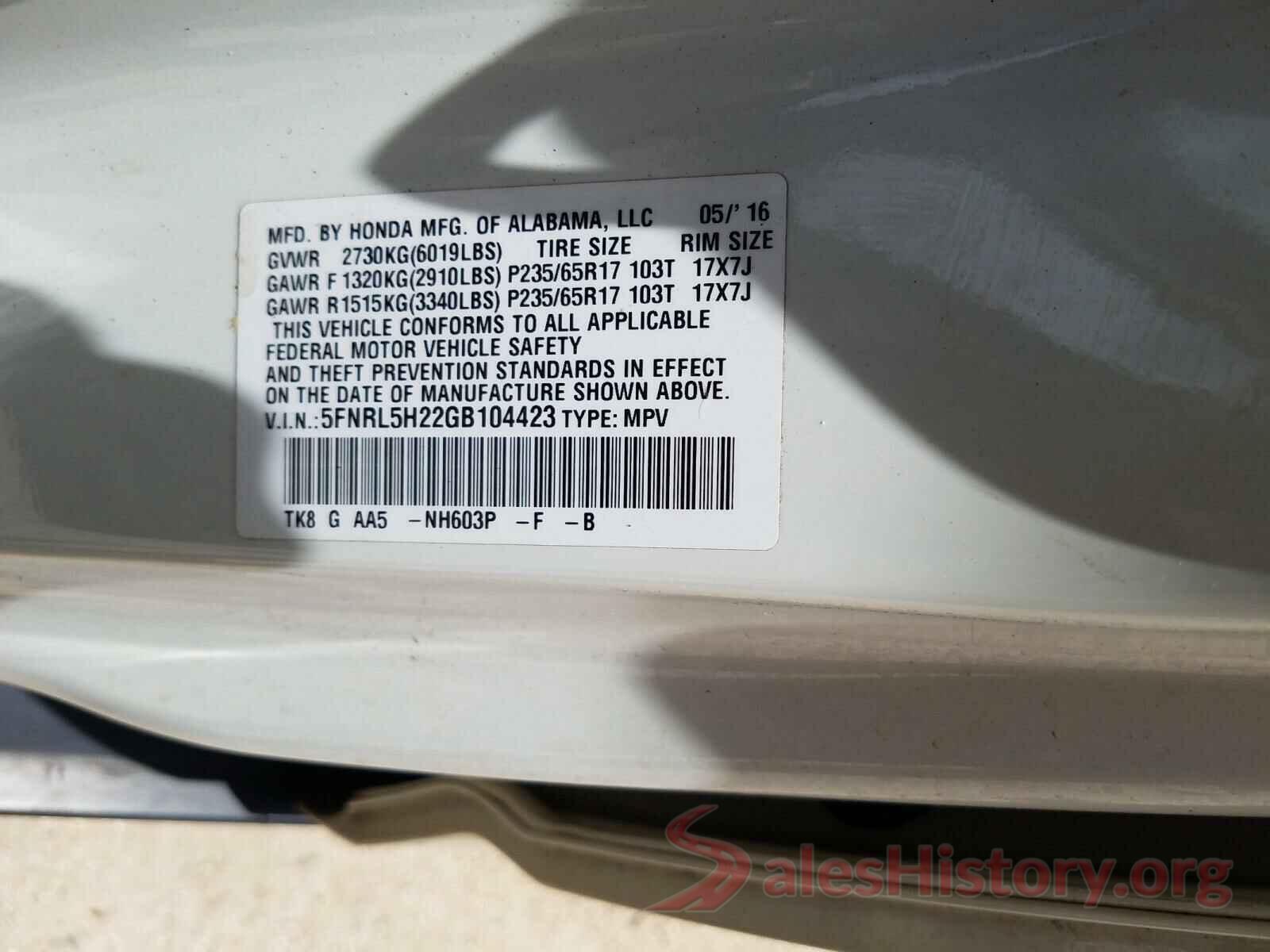 5FNRL5H22GB104423 2016 HONDA ODYSSEY