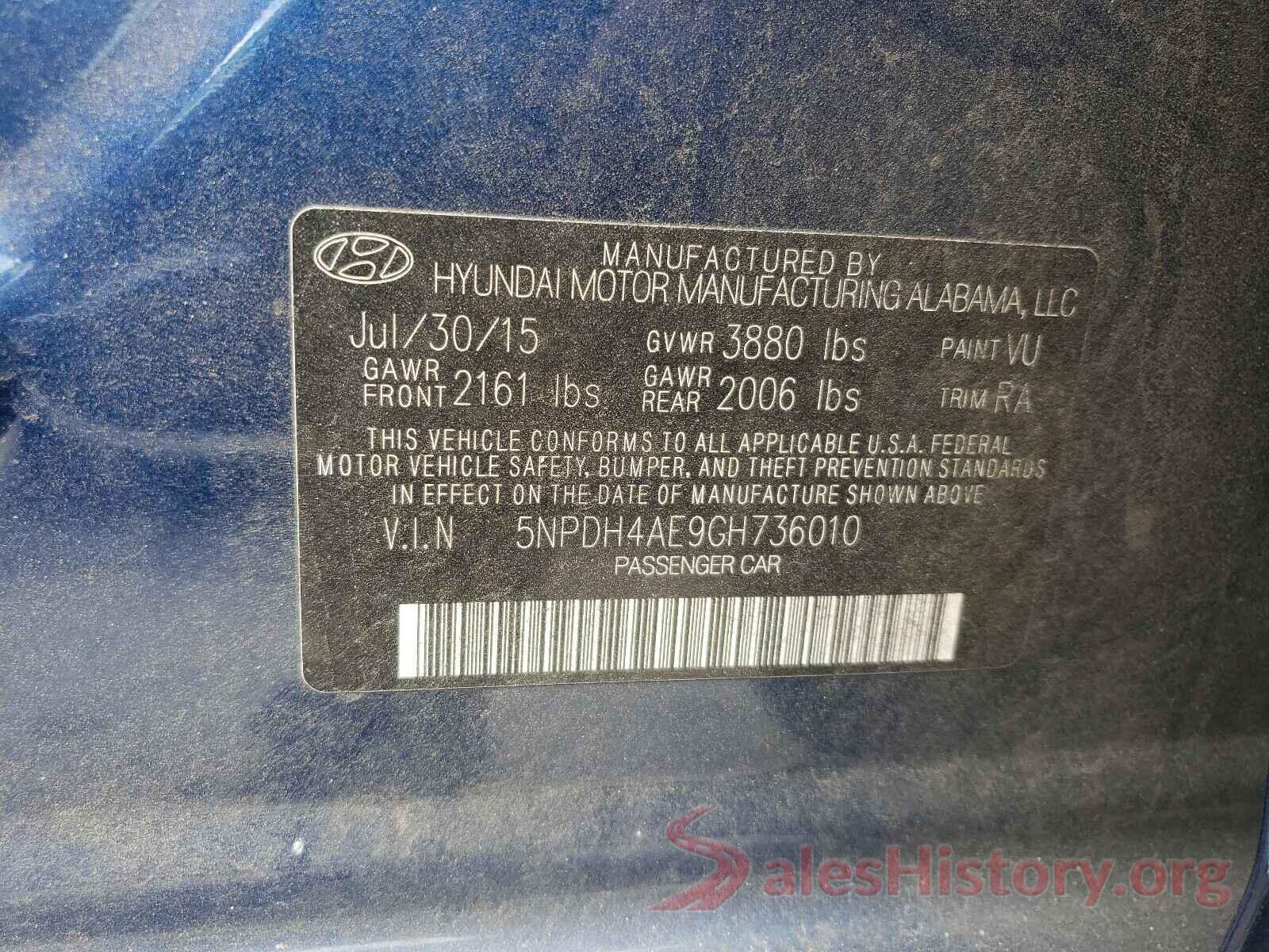 5NPDH4AE9GH736010 2016 HYUNDAI ELANTRA