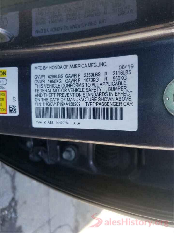 1HGCV1F19KA158209 2019 HONDA ACCORD