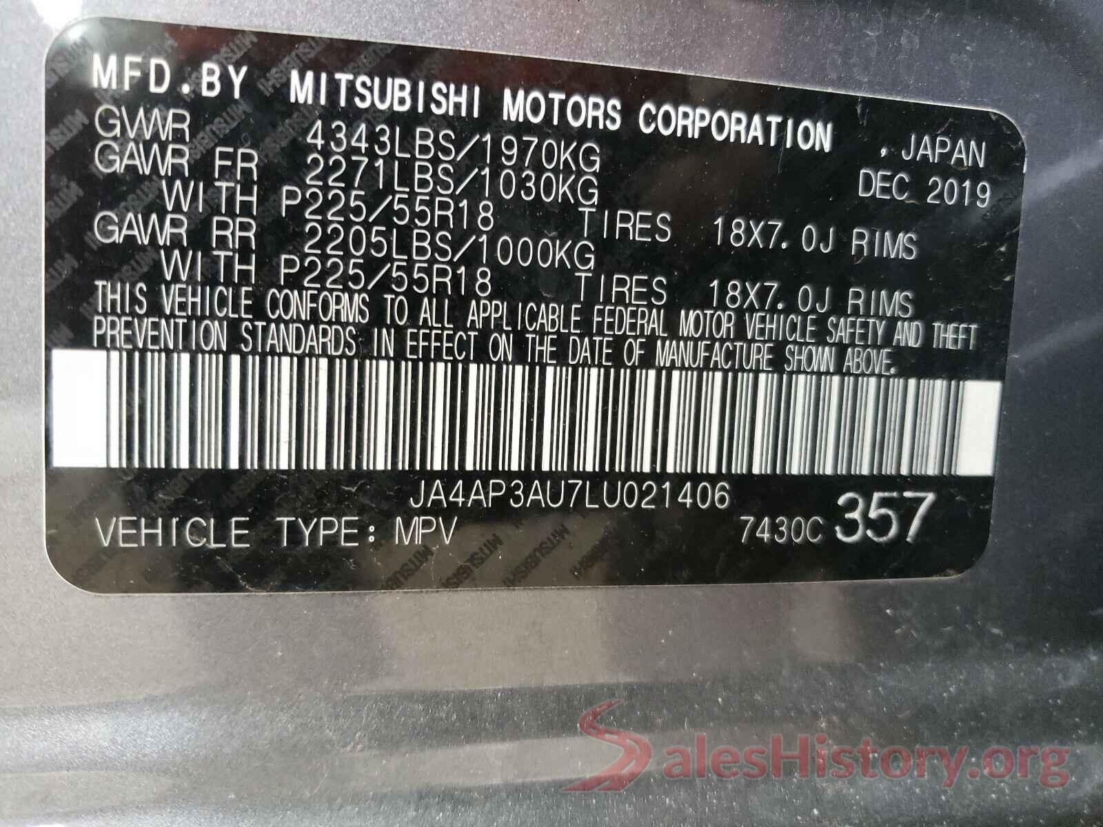 JA4AP3AU7LU021406 2020 MITSUBISHI OUTLANDER