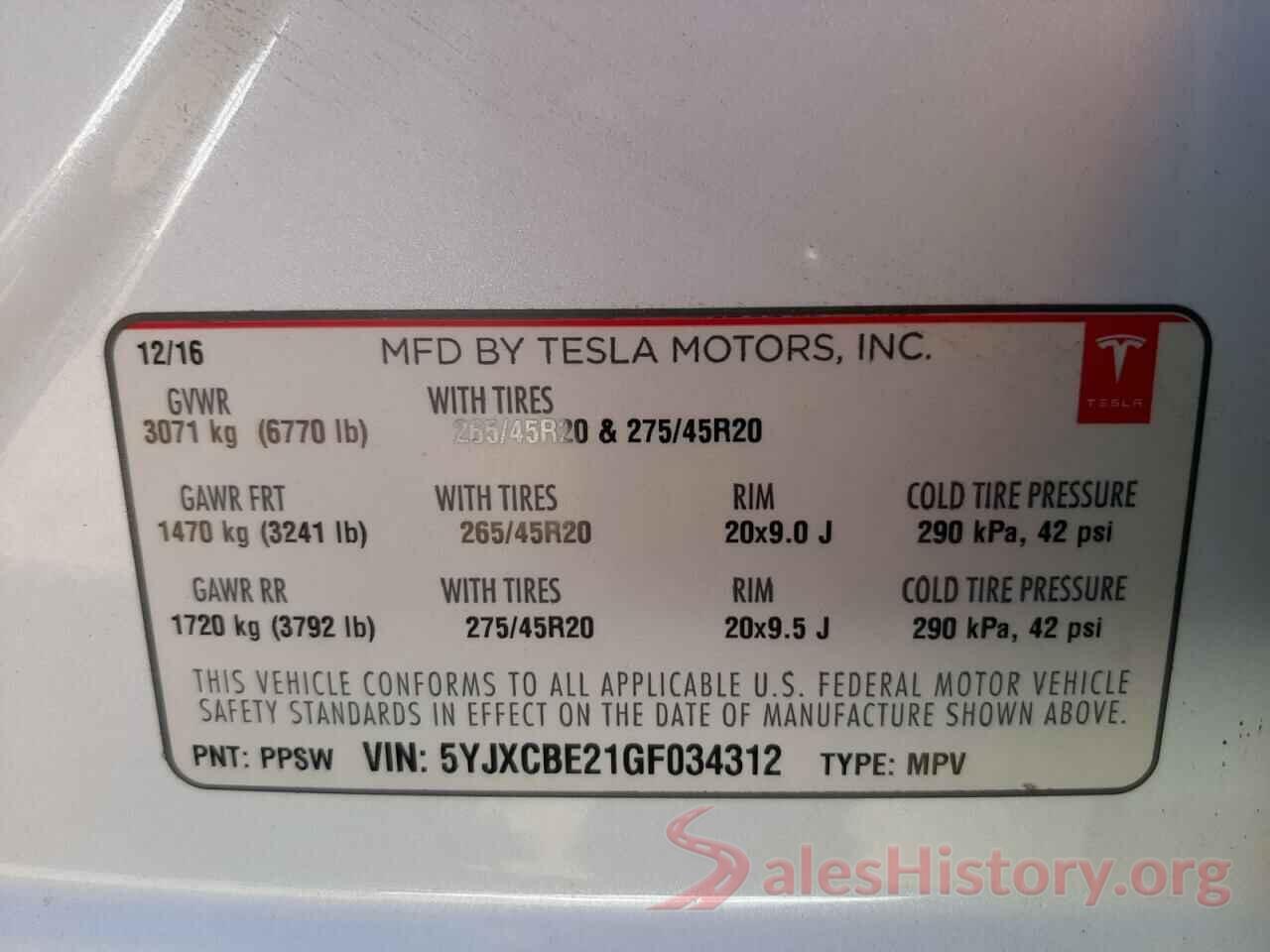 5YJXCBE21GF034312 2016 TESLA MODEL X