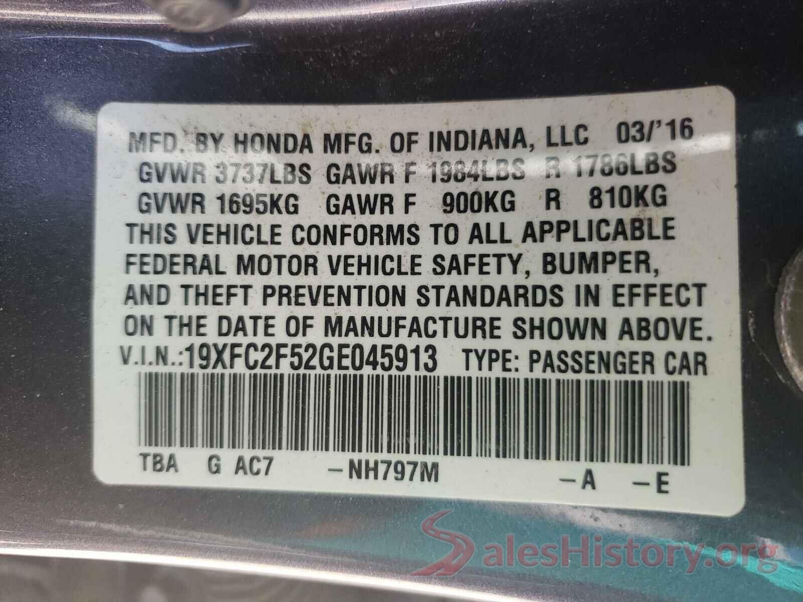 19XFC2F52GE045913 2016 HONDA CIVIC