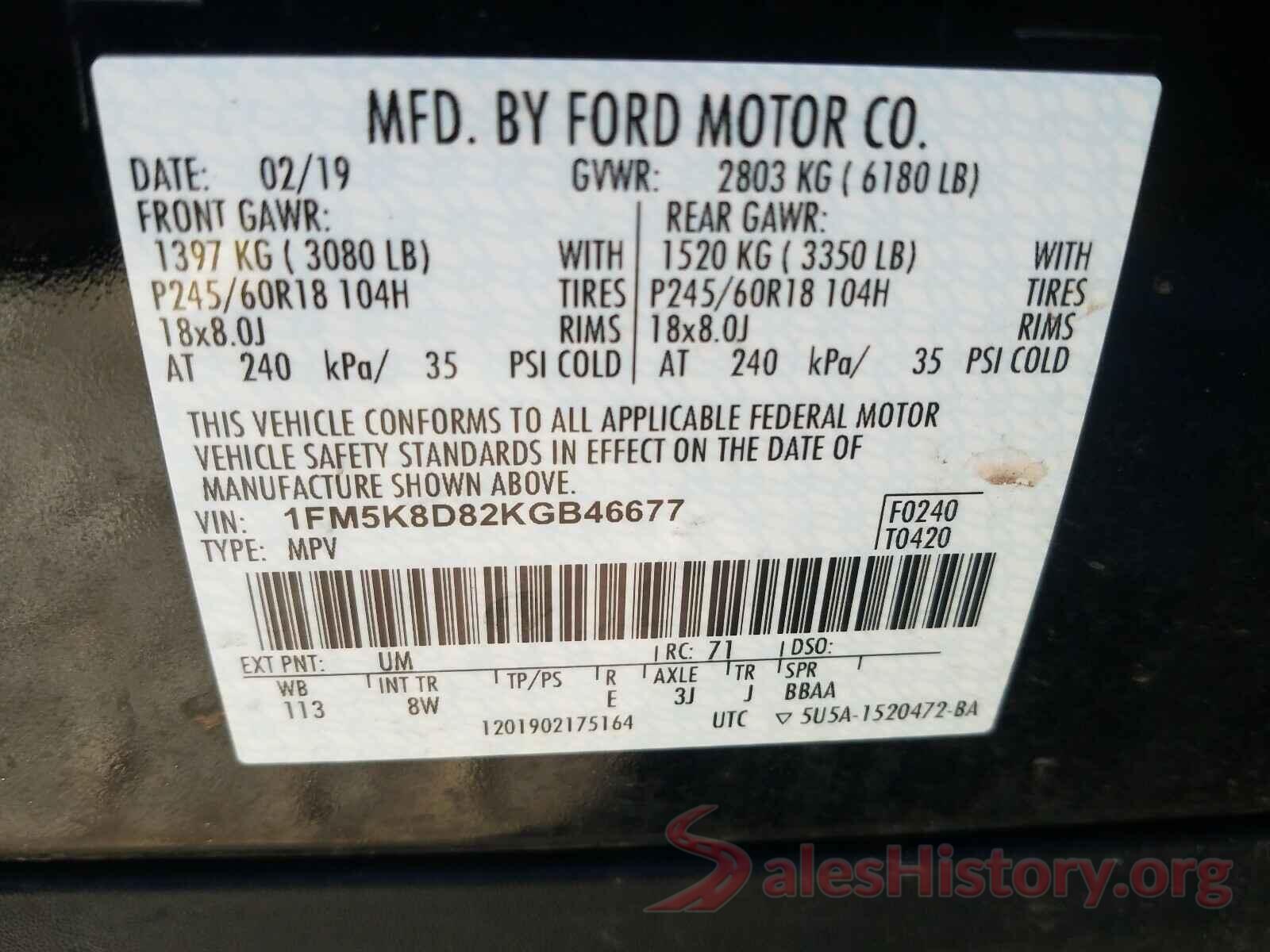 1FM5K8D82KGB46677 2019 FORD EXPLORER