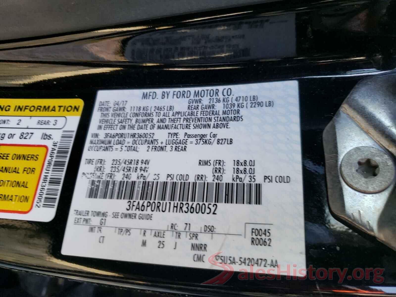 3FA6P0RU1HR360052 2017 FORD FUSION